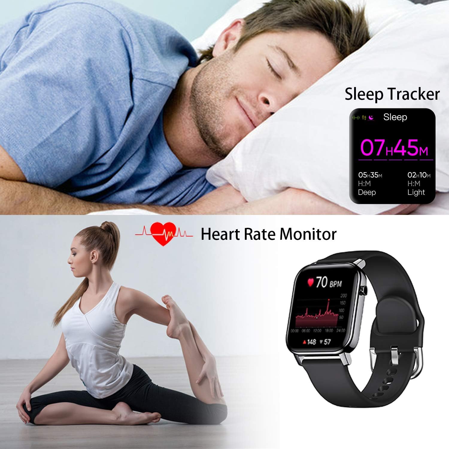 IFOLO Smart Watch showing Sleep Tracker and Heart Rate Monitor functions. One image shows a person sleeping with the watch displaying sleep duration, and another shows a person doing yoga with the watch displaying heart rate.