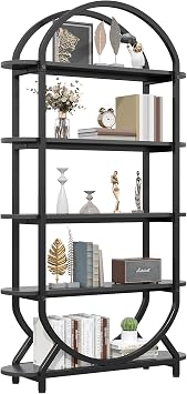 71" Arched Bookshelf, 5 Tier Tall Industrial Bookcase with Sturdy Metal Frame, Vintage Display Shelving Unit, Black Geometric Book Shelf for Toys, Books, Collection, Black