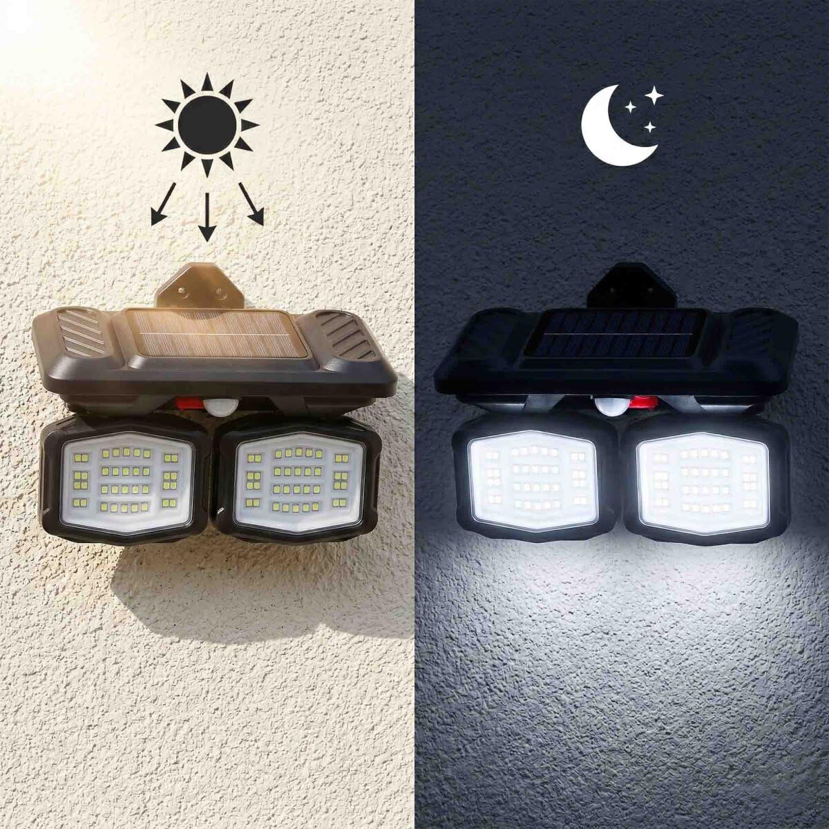 Panter Solar Hareket Sensörlü 72 SMD Beyaz LED Duvar Lambası 800 Lümen, 5W, Çift Başlıklı 120° Ayarlı, Type-C + Güneş Enerjili, 3 Modlu, IP65 Su Geçirmez Bahçe Balkon Dış Mekan Aydınlatma