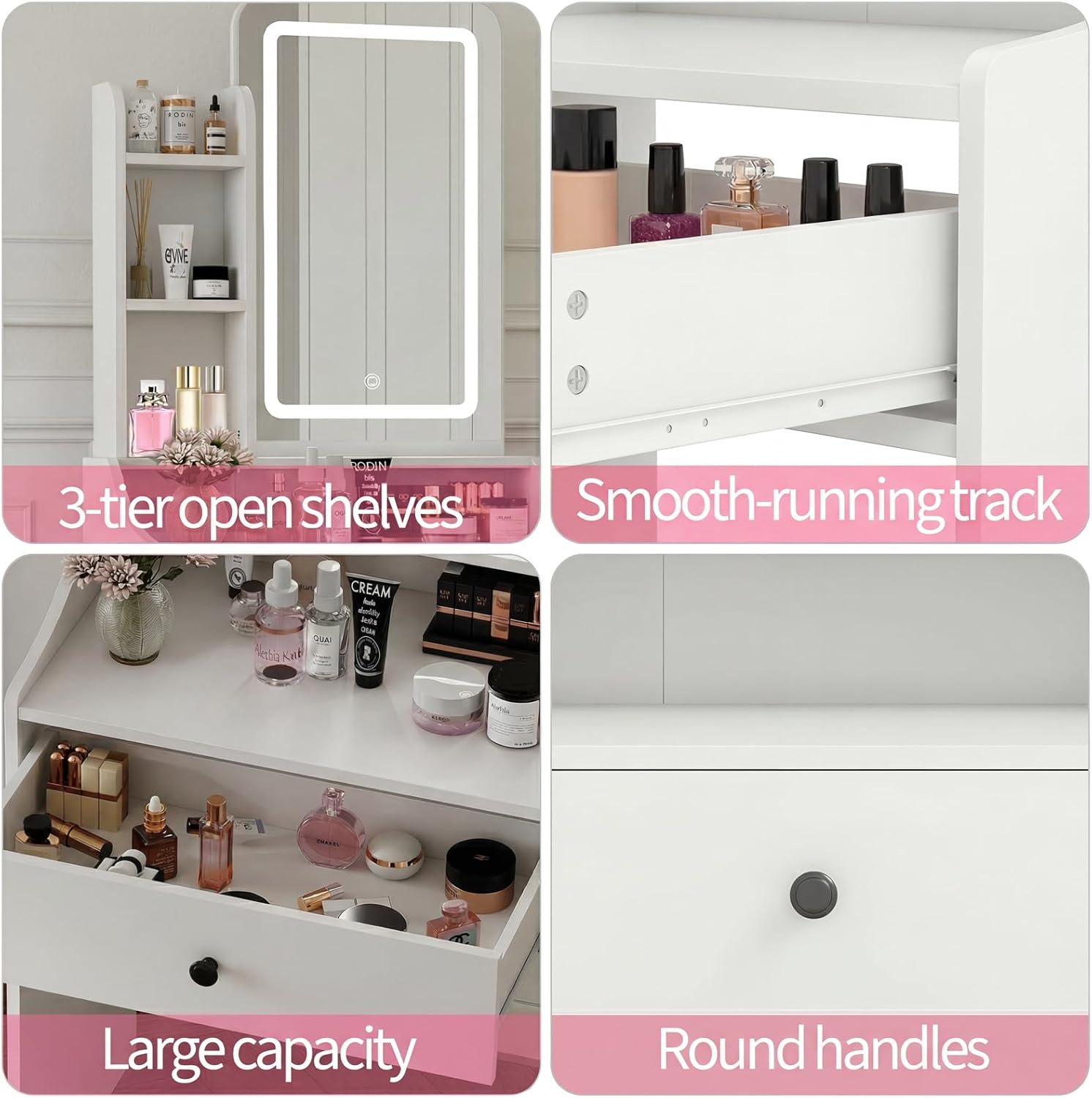 Small Vanity Desk with Charging Hub and Hair-Dryer Holder, Mirror and Light Stepless Dimmable, Bedroom Dressing Table for Makeup, White