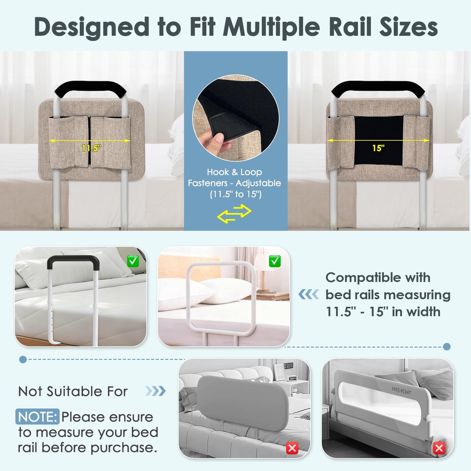 NEPPT Bed Rails Cover Padding with Foam Bumper & Anti-Collision Guard Rail Cushion | Bedside Fall Protector & Assist Rail Padded Safety for Elderly Adults, Hospital Bed Railing Extra Soft Cover (1PC)