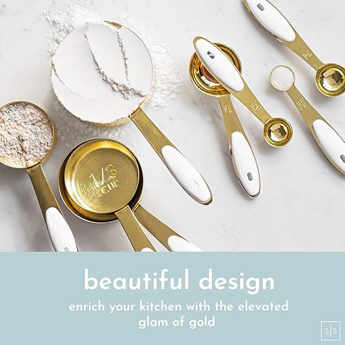Miniatura 7 de Juego de 23 utensilios de cocina blancos y dorados con tazas medidoras y cucharas - Accesorios de cocina de lujo con herramientas de medición y