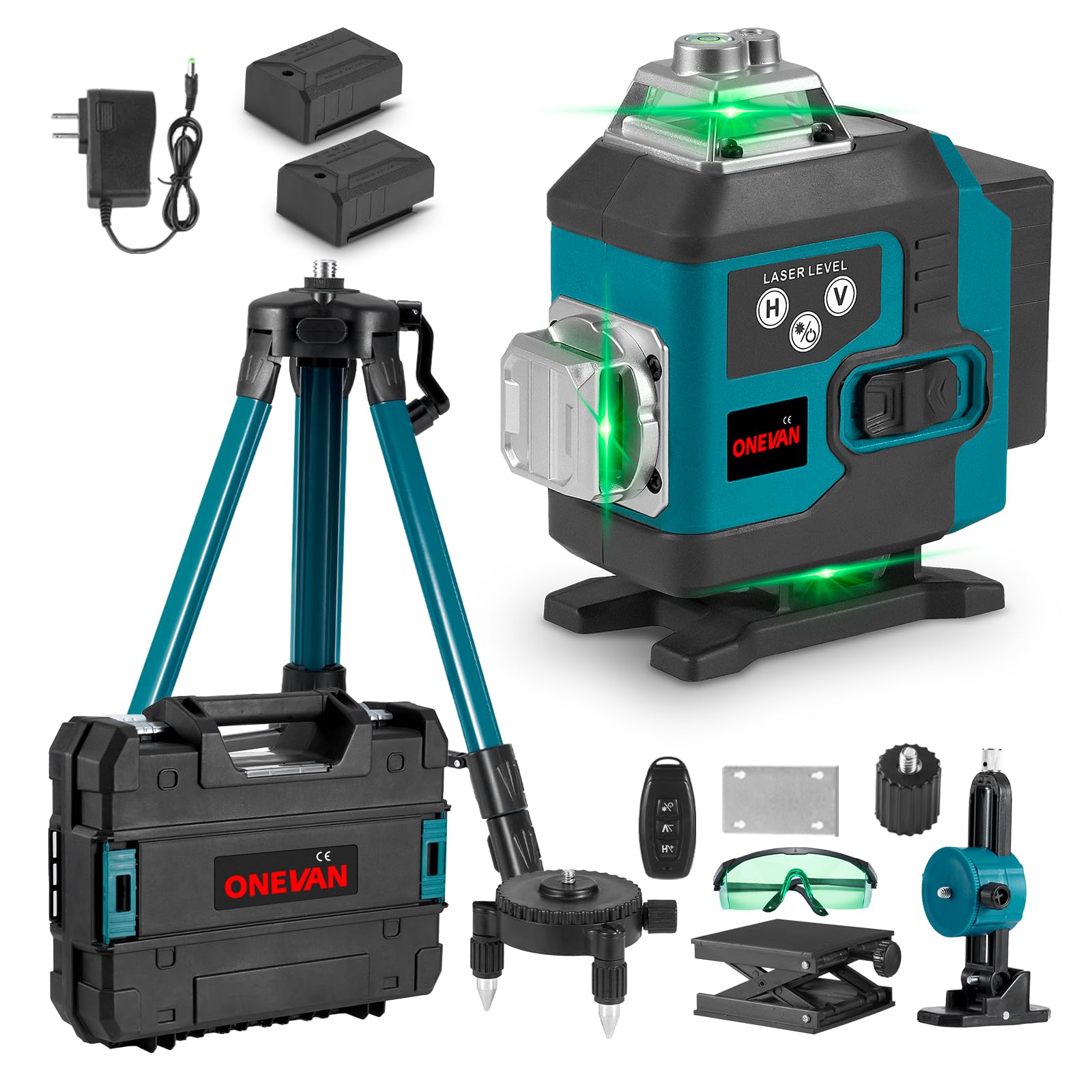 ONEVAN Livella Laser 4D 16 Linee Verdi con Treppiede 1m, Autolivellante Professionale ±3°, Portata 25m, 2 Batterie 2400mAh, IP54 Laser Croce Verde per Pavimenti, Piastrelle e Cartongesso