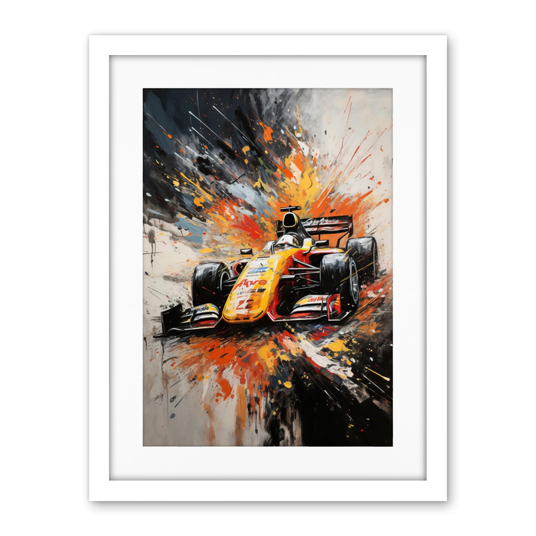 Artery8 Yellow Race Car Racing Scene Modern Spatter Art Artwork Framed Wall Art Print 18X24 Inch