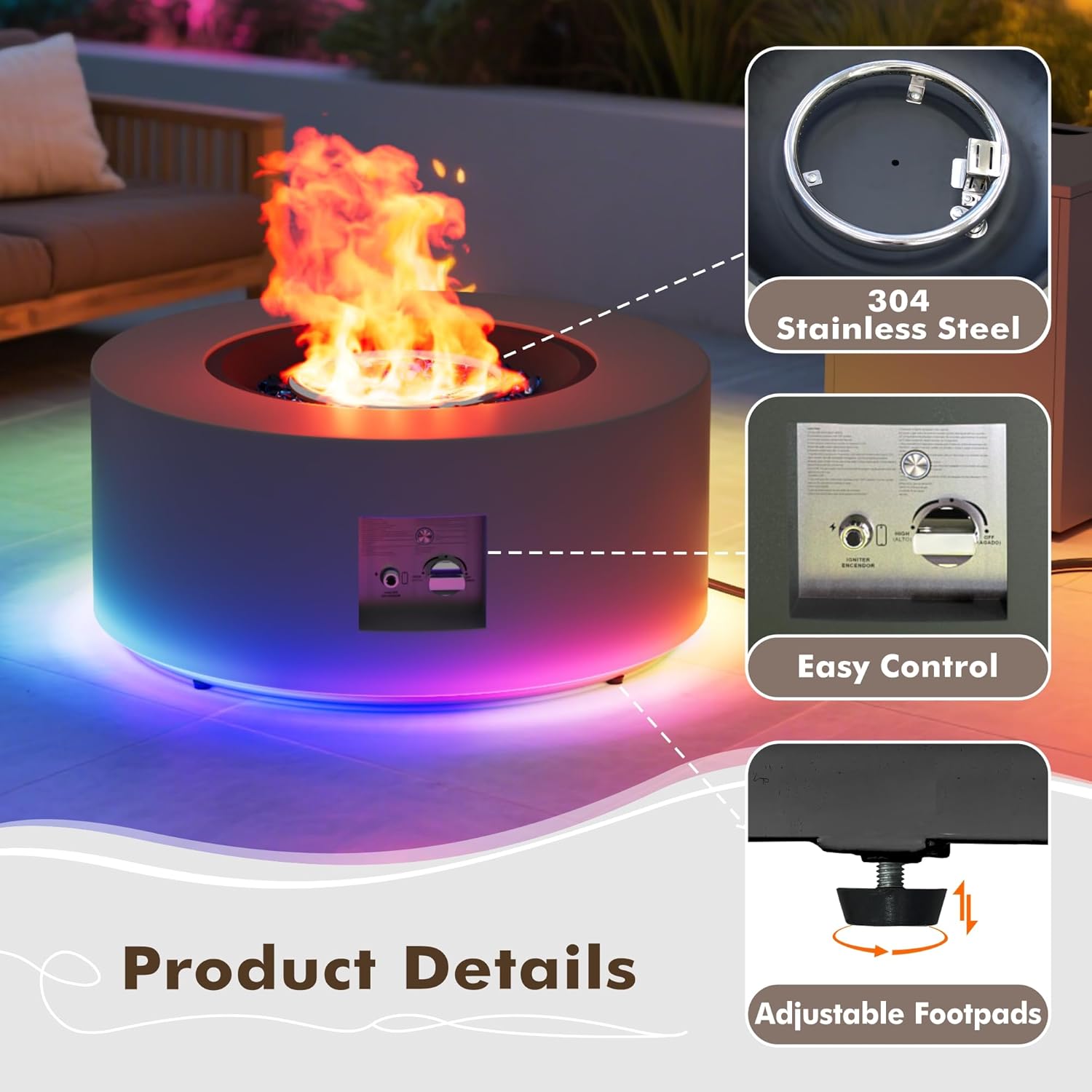 SUNPEAK 30" Round Propane Fire Pit Table - 50K BTU with Lid, Rocks Tank Storage and Cover - Round Gas Fire Pits for Outside Patio - Outdoor Table with Firepit (Gray/RGB Light, 30" Round)