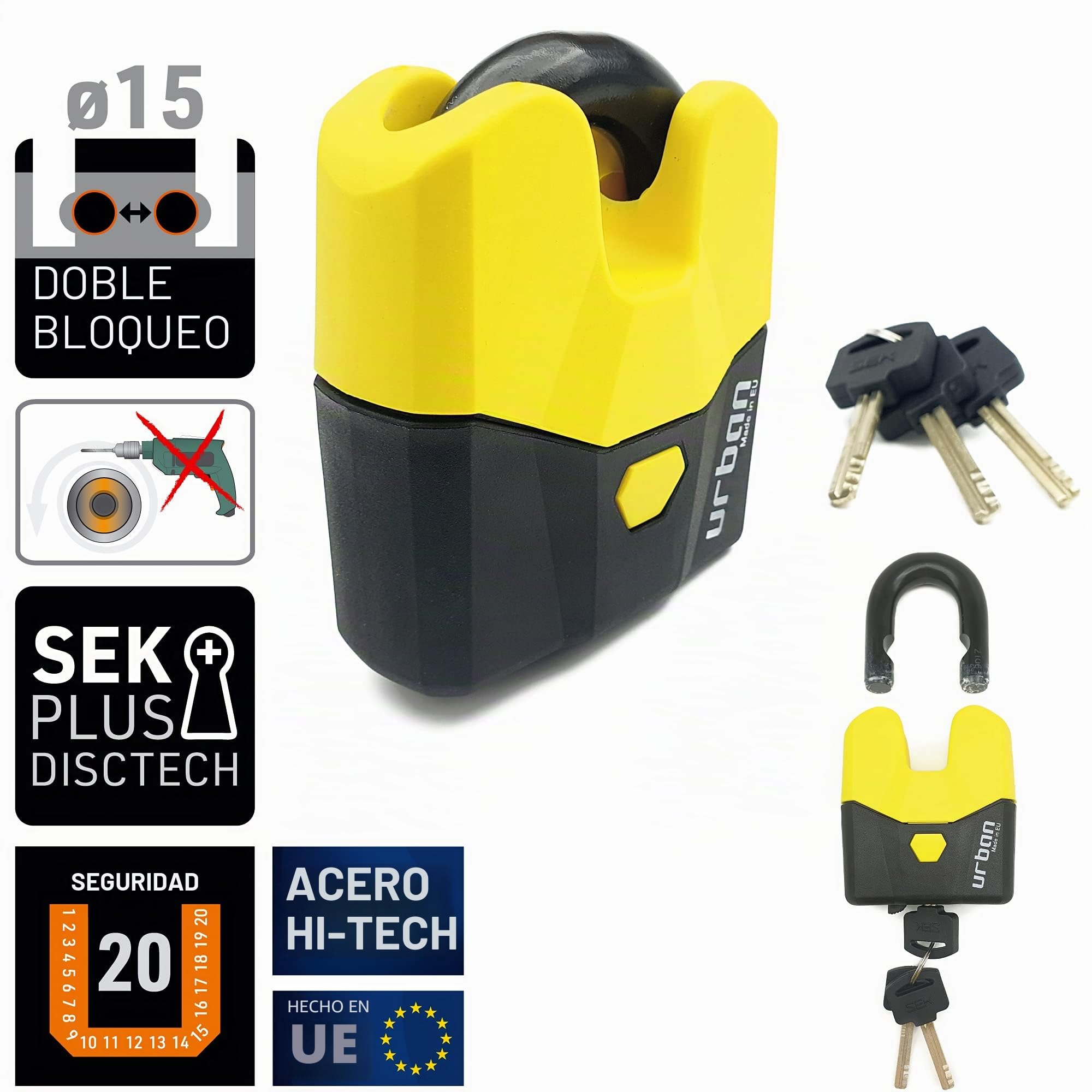 URBAN U8K Candado Moto Cadena Antirrobo, Homologación SRA Alta Seguridad, Acero Endurecido ø15, Doble Cierre, Cerradura Anti-Ganzua Anti-Taladro, 100cm para Anclaje Garaje Moto Bicicleta Eléctrica