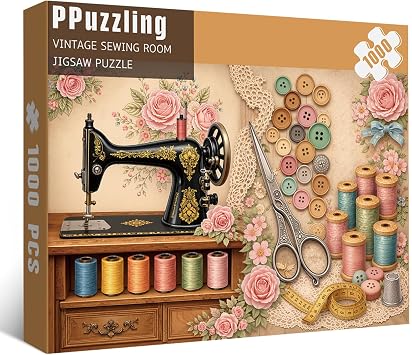 Vintage Sewing Machine Puzzles for Adults 1000 Pieces, Floral Sewing Room Jigsaw Puzzles, Retro Roses Flower Buttons Puzzle