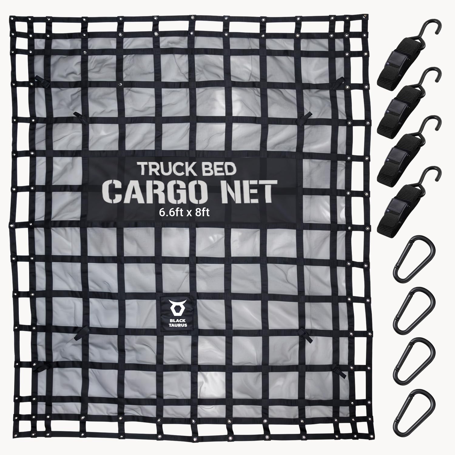 Black Taurus Heavy Duty Mesh Cargo Net – Stretchable Mesh Cargo Net for Trailer, Roof Rack, Pickup Truck, and ATV - Truck Bed Netting for Secure Load