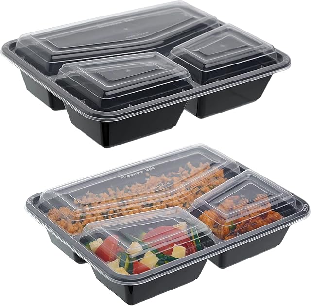 50 X Disposable Square Shape 3 Compartment Black Food Containers with Clear Lids Microwave - BPA-Free, Fridge, and Freezer Safe Oven Safe for Catering Restaurants Home Outdoor Party