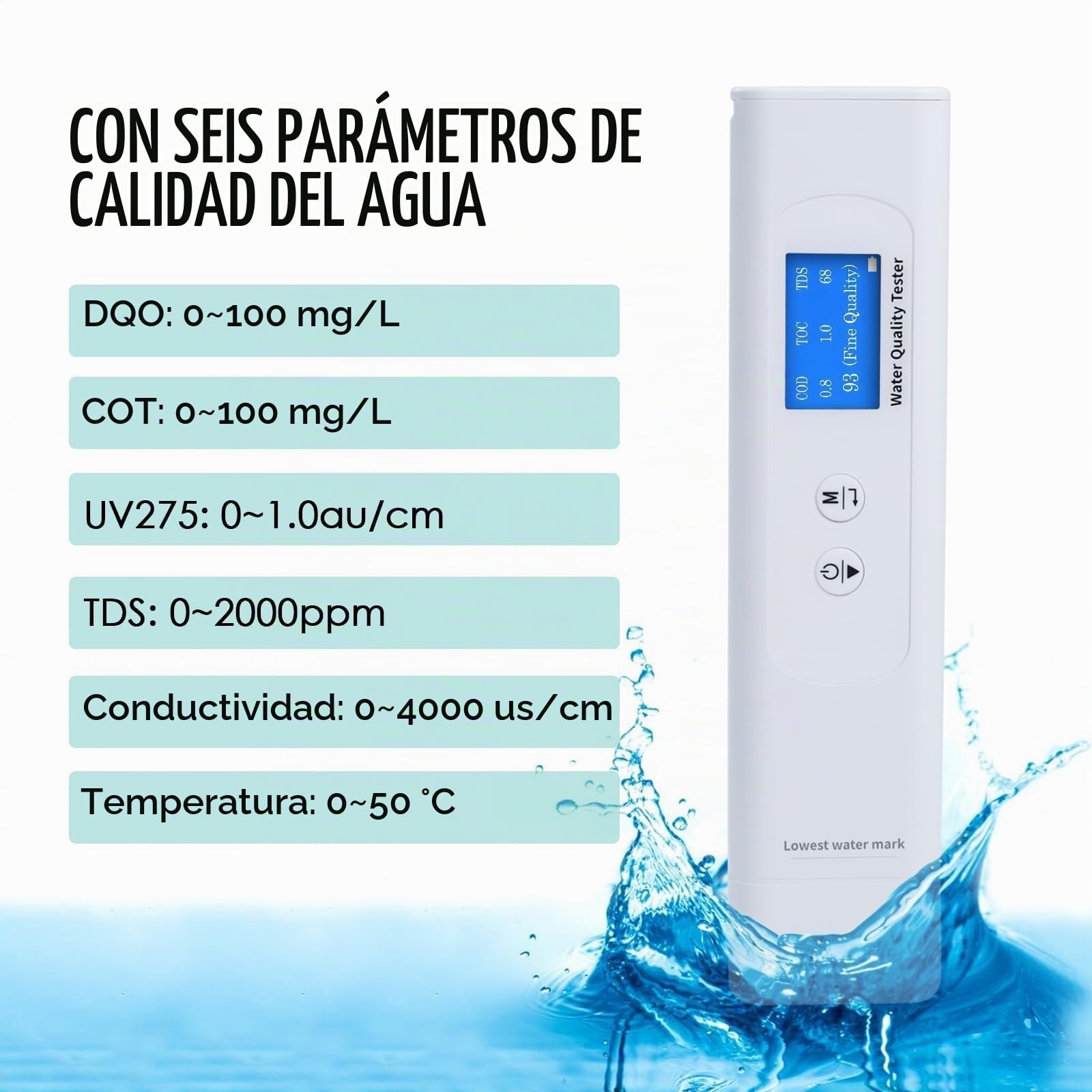 Probador de turbidez 6 en 1: TDS EC y temperatura (°C,°F) 0-9990 ppm-metro, prueba de agua digital precisa y confiable for agua potable, grifo, pozo, piscina, sistema RO/DI