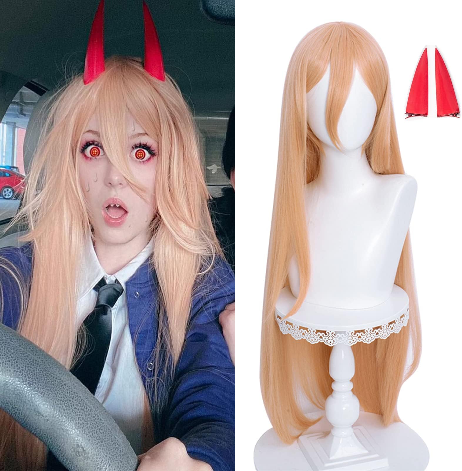 Orange Cosplay -Power Wig + Horns for Girls Women Anime Long Straight Halloween Party Hair Wig with Cap