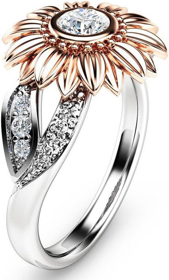 Exquisite Women's Two Tone Silver Floral Ring Round Diamond Sunflower Jewely Meyerlbama (8, Gold)