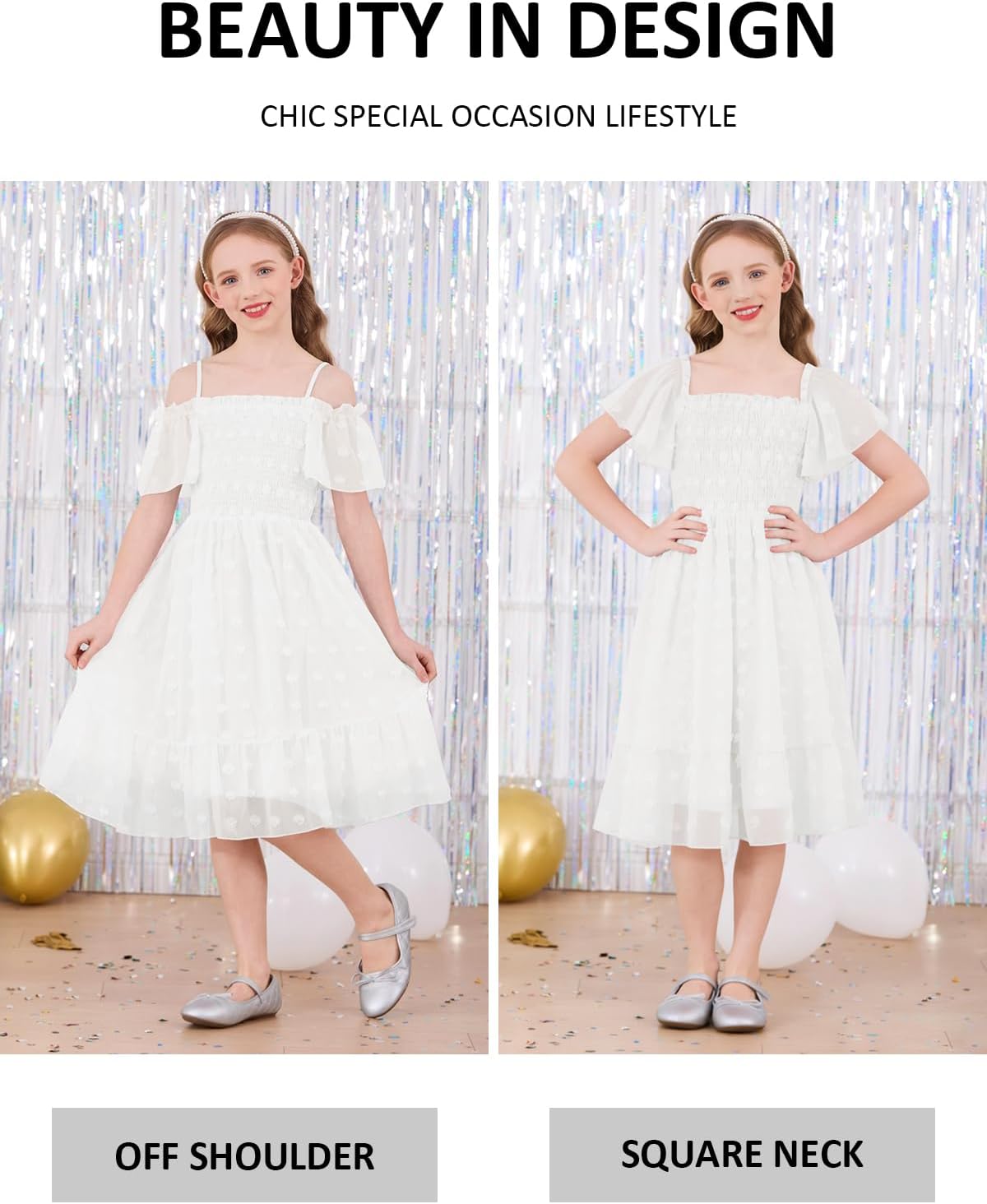 Girls Summer Dresses Kids Off Shoulder Flutter Sleeve Swiss Dot Formal Party Smocked Dress 5-14 Years