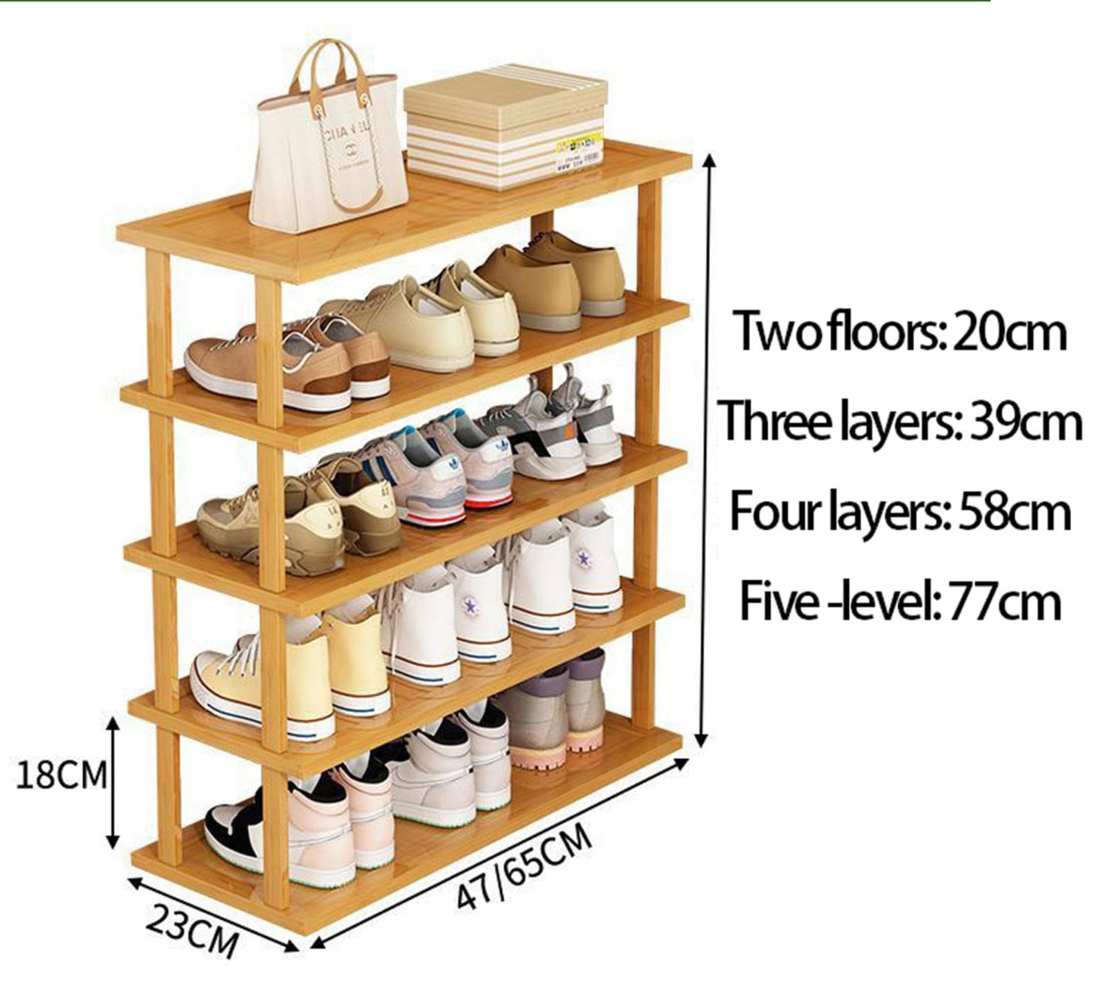 Zapatero extensible de bambú apilable para entrada, pasillo, dormitorio, armario, 9 niveles, para garaje, esquina, diseño minimalista, estante vertical para zapatos de pie, 65 cm de altura
