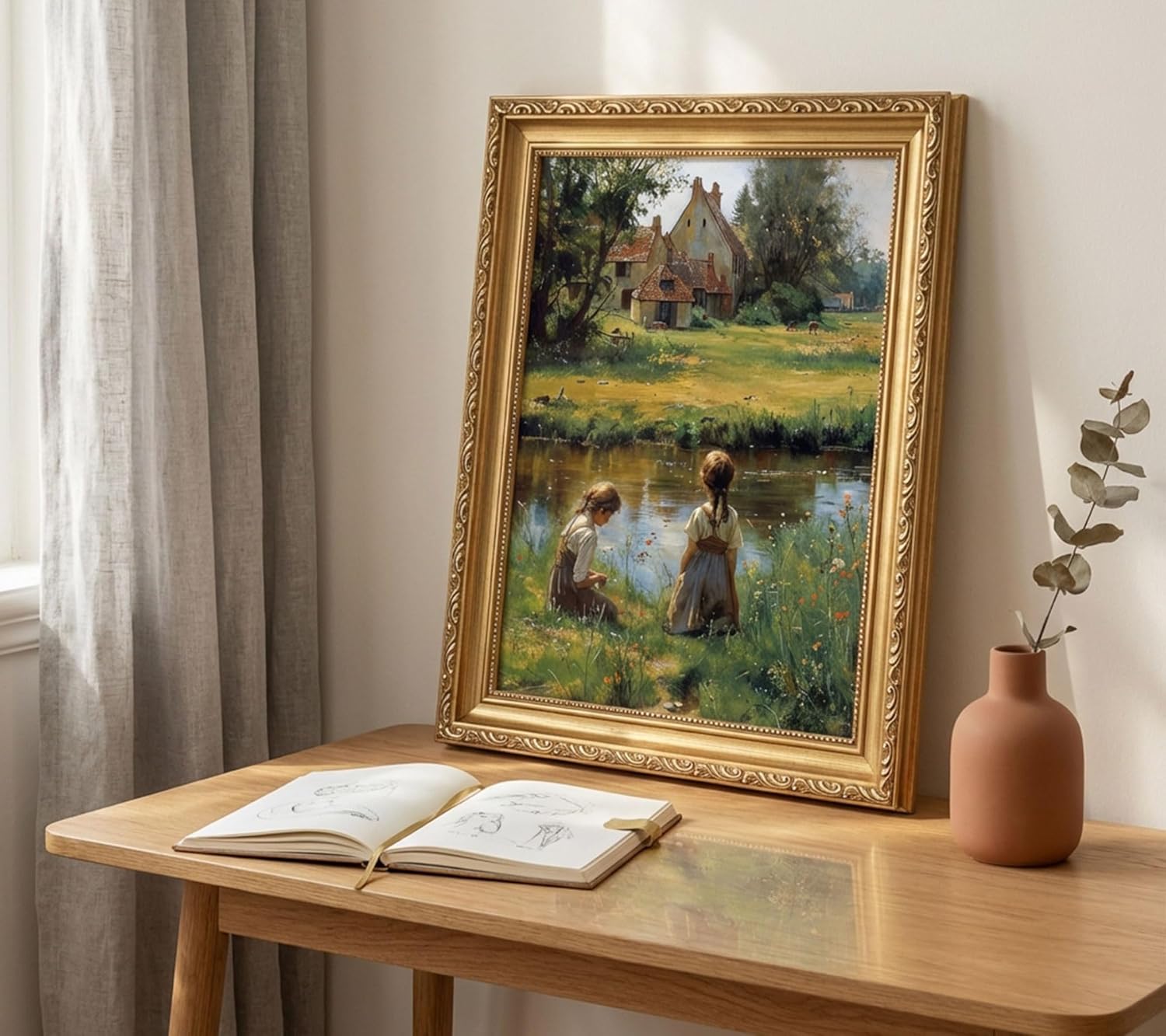 Vintage Gold Frame Living Room Canvas Wall Art Retro Scene With Girls Painting Picture Wall Decor Riverside on The Edge of the Countryside Poster Print Artwork for Room Nursery Home Decoration 12x16in