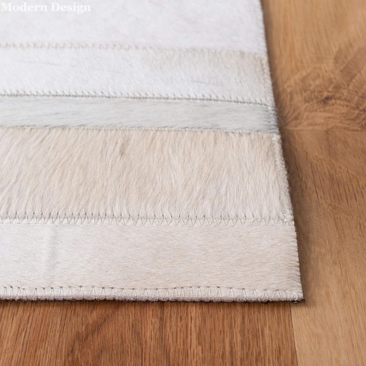 Modern Design Cowhide Leather Area Rug, Greek Key Pattern, Geometric Design, Neutral Beige Gray with Brown Accents (Ivory/Beige, 8x10)