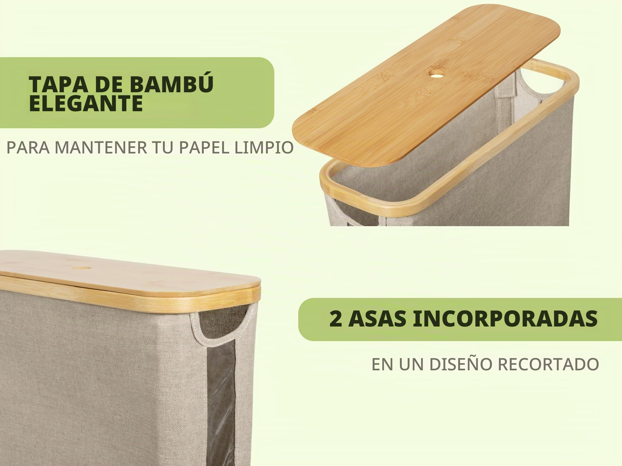 StorageWorks Cesto para Papel Higiénico con Tapa de Bambú (Capacidad 12 Rollos), Organizador de Accesorios para Baño, Cesta Papel Higienico de Baño, 44x18x37.5 cm, Combinación marrón y Beige