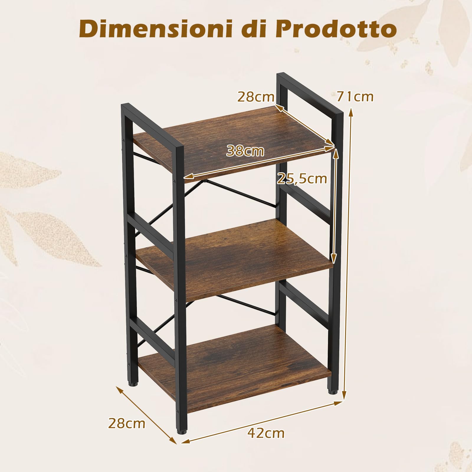 COSTWAY Scaffale a 3 Ripiani, Libreria Salvaspazio con Dispositivo Antiribaltamento, Struttura in Metallo, Mobile Espositivo in Legno per Soggiorno Camera e Ufficio, 42 x 28 x 70 cm (Marrone)