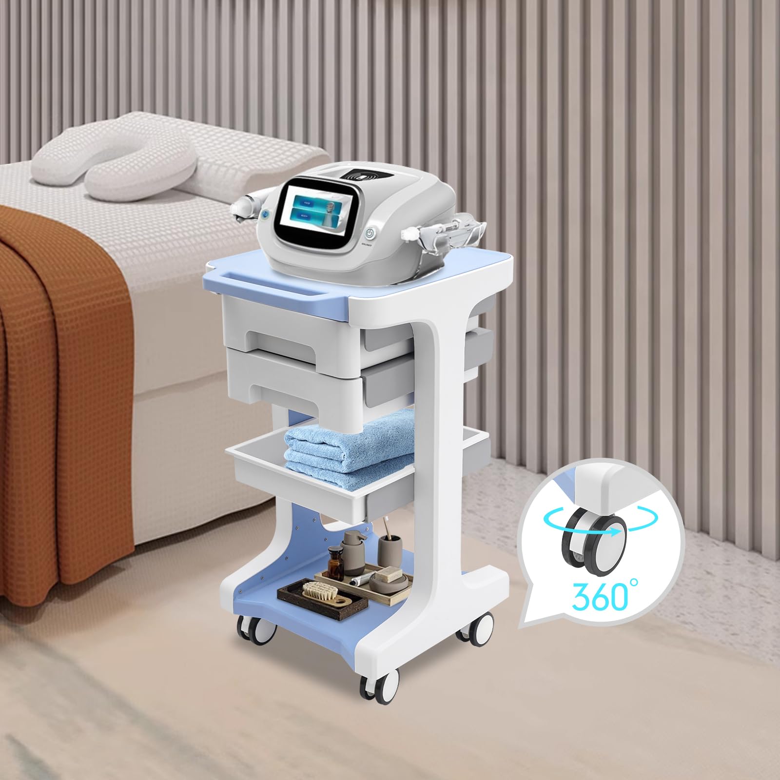 Carrello da laboratorio, con 2 cassetti e 4 ruote universali, 3 strati, capacità di carico 50 kg, per cosmetici, barbiere, ospedale, salone di bellezza (blu)