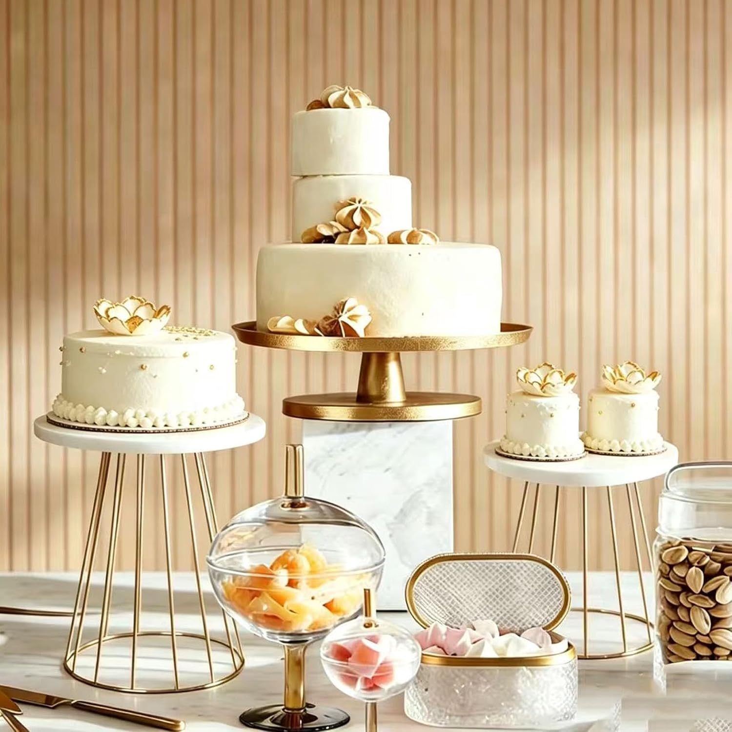 Tall 10.24” + 7.09” Height Marble Cake Stand Set of 2, Modern High Pedestal Dessert Display with Gold Base, Stable Centerpiece for Wedding, Holiday Party Decor & Plant Stand, Jazz White