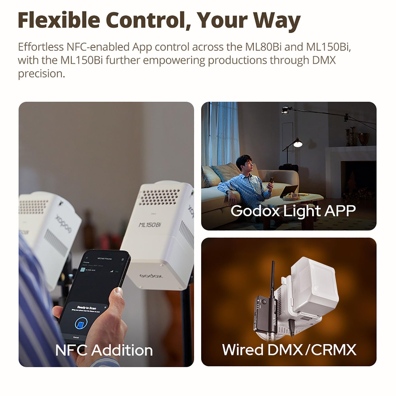 Godox ML150BI Dwukolorowe oświetlenie LED wideo, 2800K-6500K 61054 Lux Zestaw Oświetlenia Wideo, Kontrolka APP/DMX/NFC, z obiektywem zoom ML-Z i reflektorem oraz adapterem akumulatora V-Mount ML-VMA