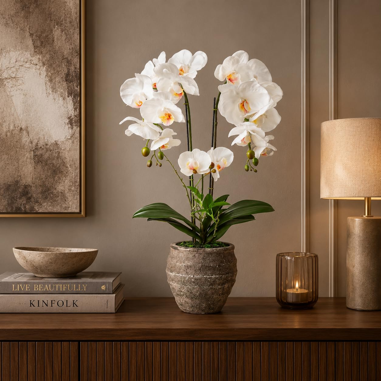 PASCH® Orchidées artificielles (60 cm) dans un pot cube en pierre fait à la main - Fleurs artificielles comme de vraies orchidées artificielles en pot - Fleurs artificielles en pot - Orchidée