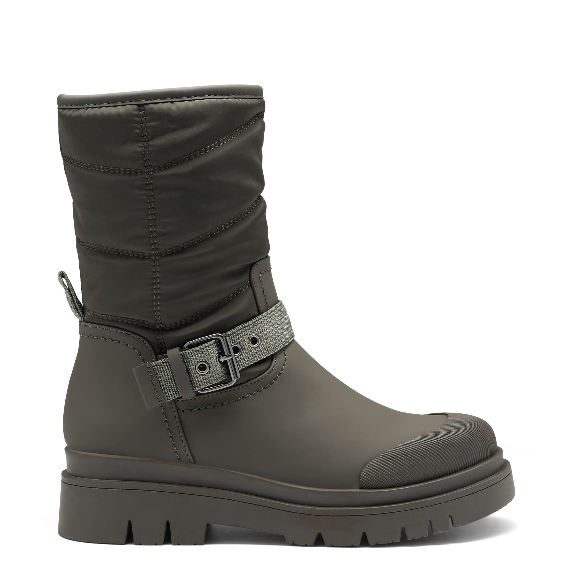 DREAM PAIRS Damen Schneestiefel | Glattes PU Dicke Sohle mit Riemchenbesatz am RistOlivgrün