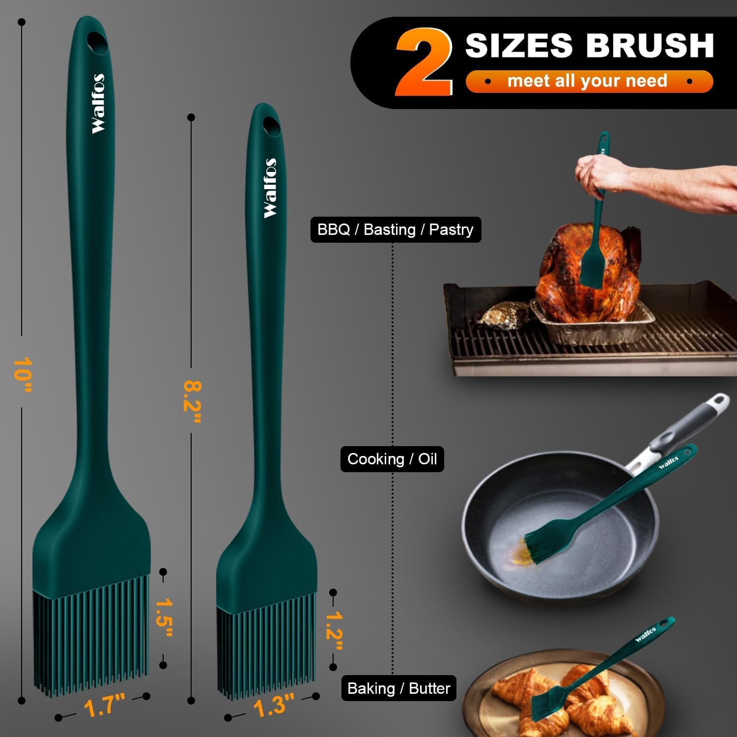 Walfos Hitzebeständiger Backpinsel, BPA-frei, Silikon, zum Kochen, Verteilen von Öl, Buttersauce zum Backen, Küche, Grill, spülmaschinenfest, 2 Größen (groß und klein)