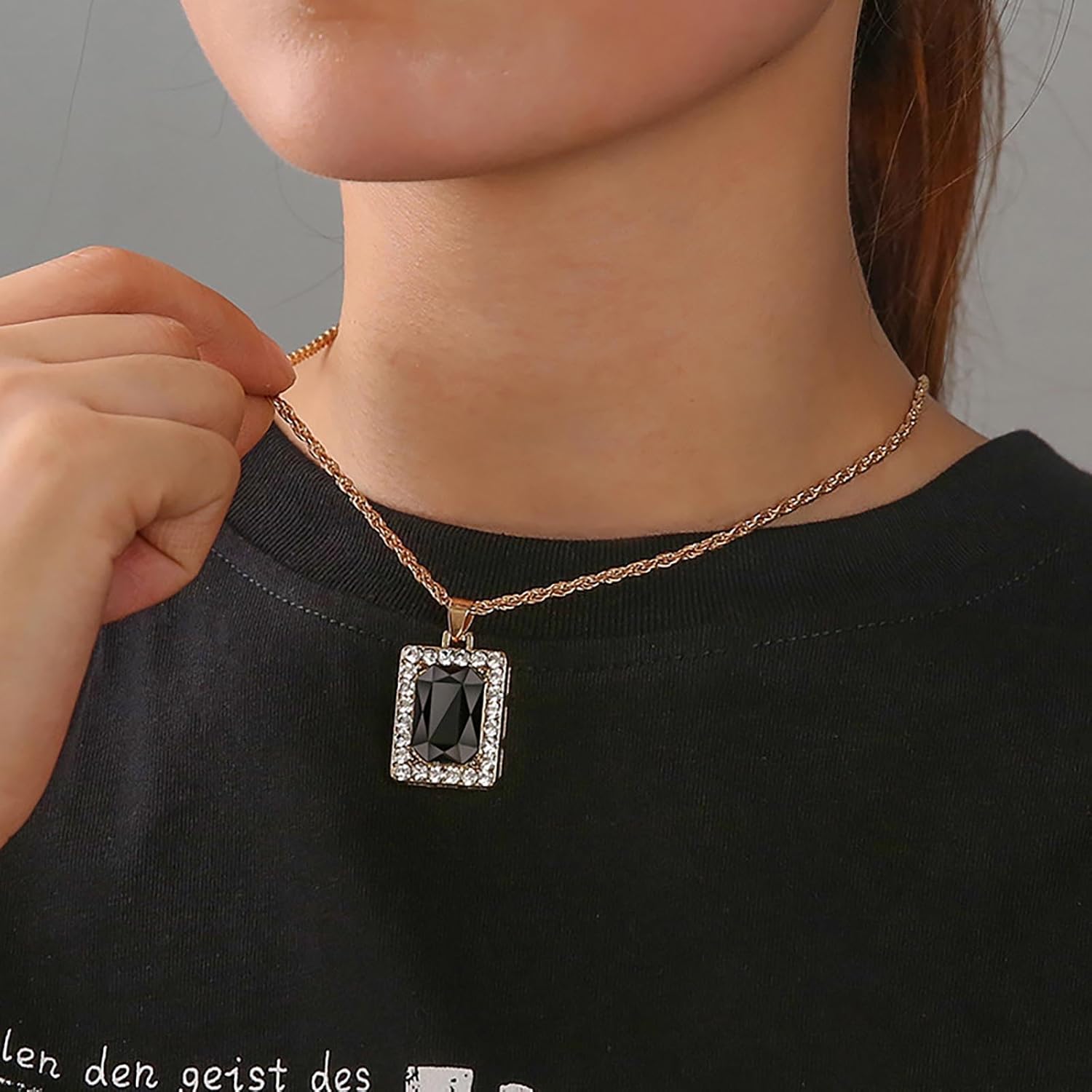 Andelaisi Boho Crystal Square Pendant Necklace Vintage Geometric Square Choker Necklace Black Gem Rope Chain Necklace CZ Square Necklace Jewelry for Women - Image 2