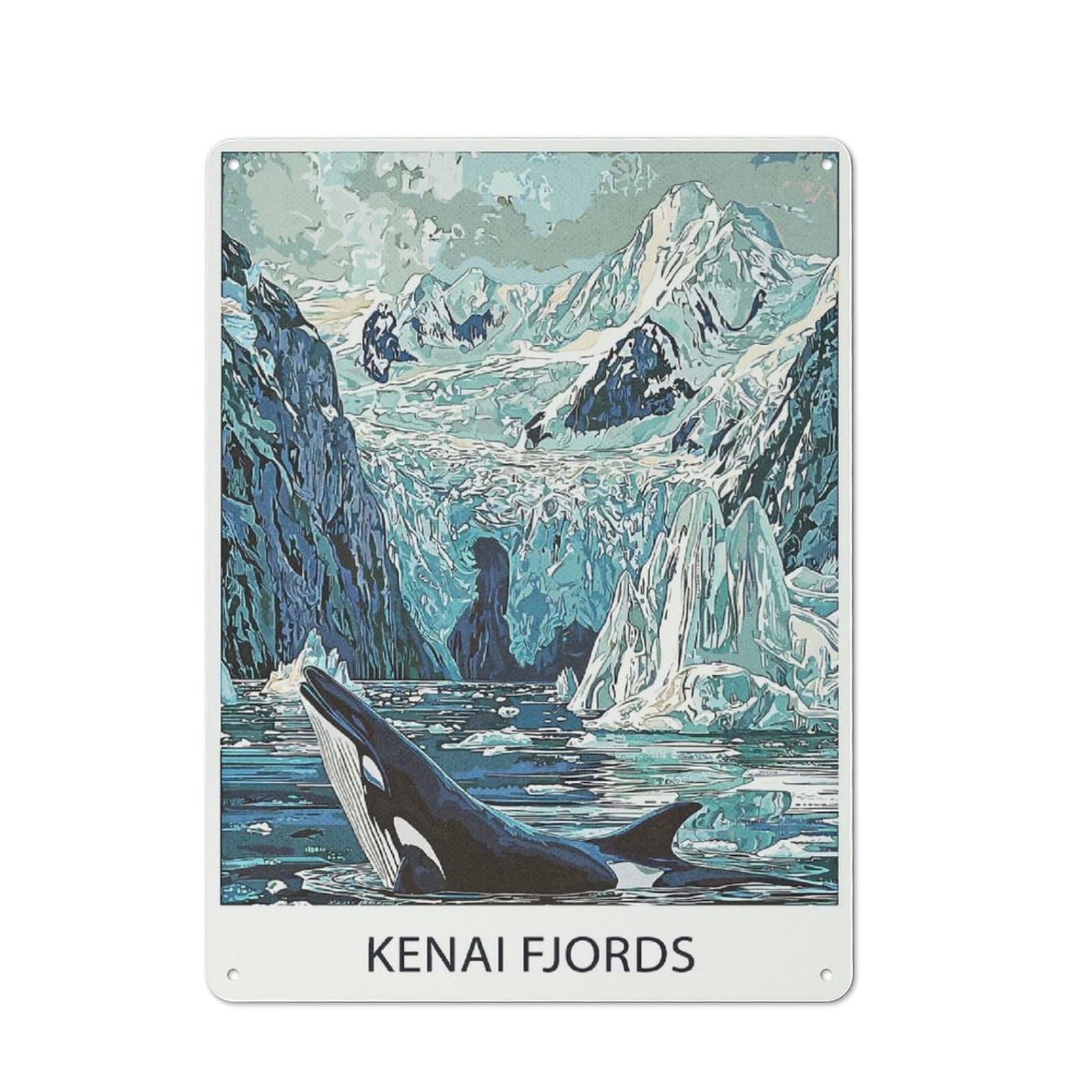 Junmoney Style-5 Decorative Tin Plaque With Orca In Kenai Fjords Design 40X30cm, Nostalgic Home Bar Decor For Bar, Kitchen, Garage Or Games Room