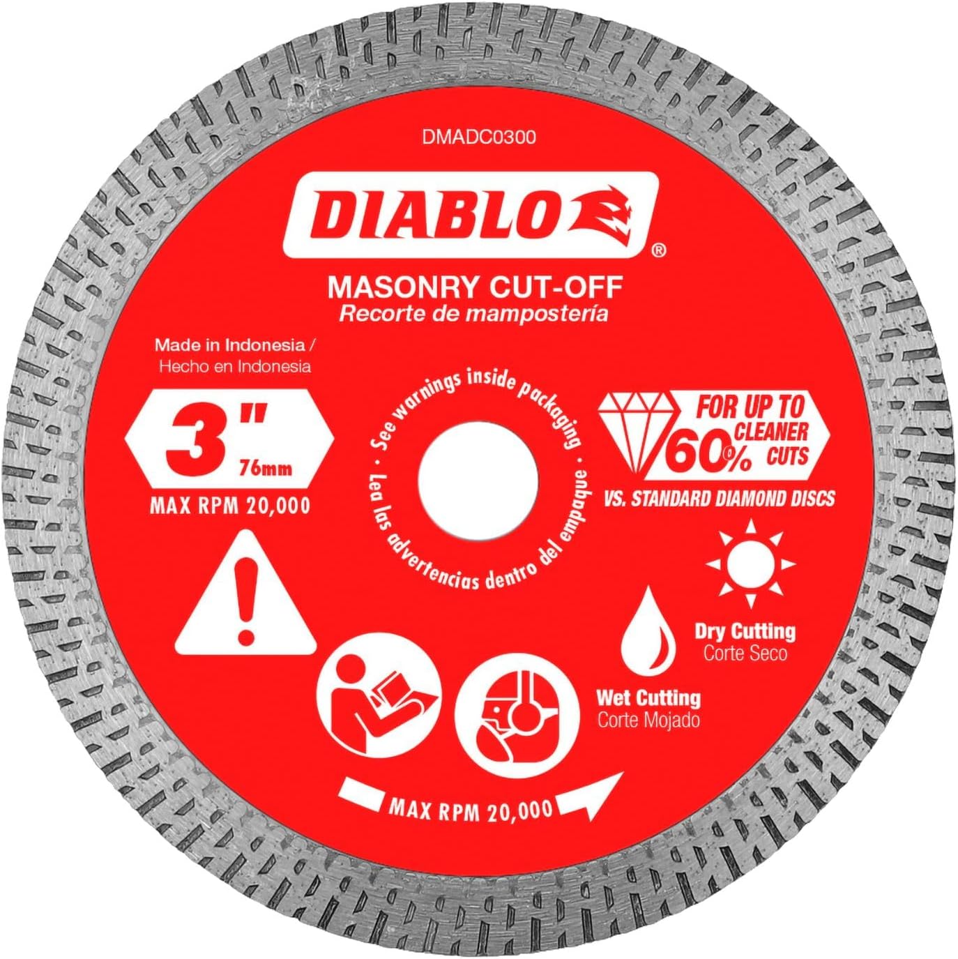 Diablo Diamond Continuous Rim Masonry Cuf-Off Disc - Ideal Use for Granite, Marble, Porcelain and Tile - 3 in Diameter, 3/8 in Arbor, 1/41 Hub Type - DMADC0300