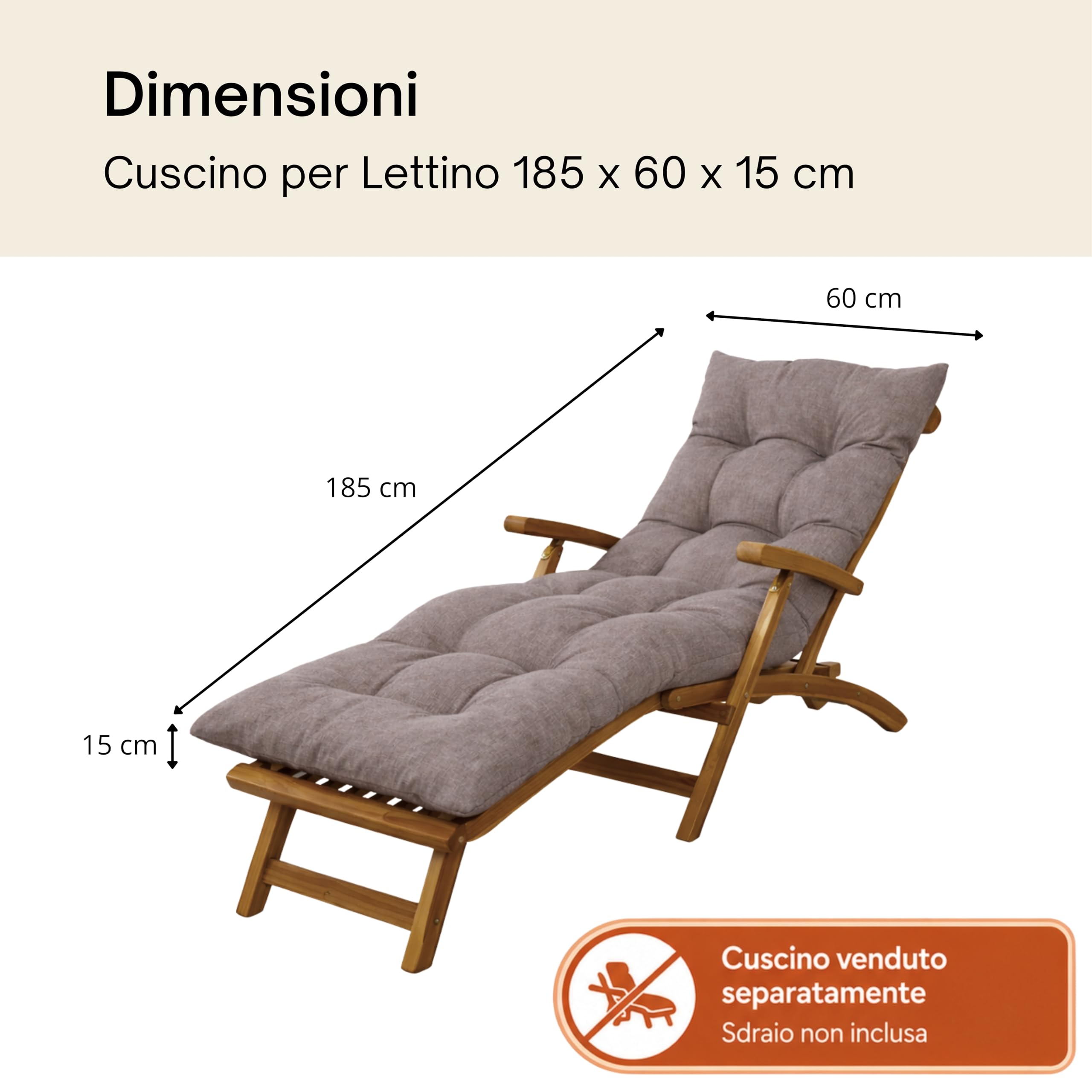 bananair - Cuscino per Lettino Prendisole - Materassino Spesso, Morbido e Confortevole, Generosamente Imbottito con Schiuma - Cuscino Sdraio da Esterno, Facile da Installare (185x60x15 cm, Beige)