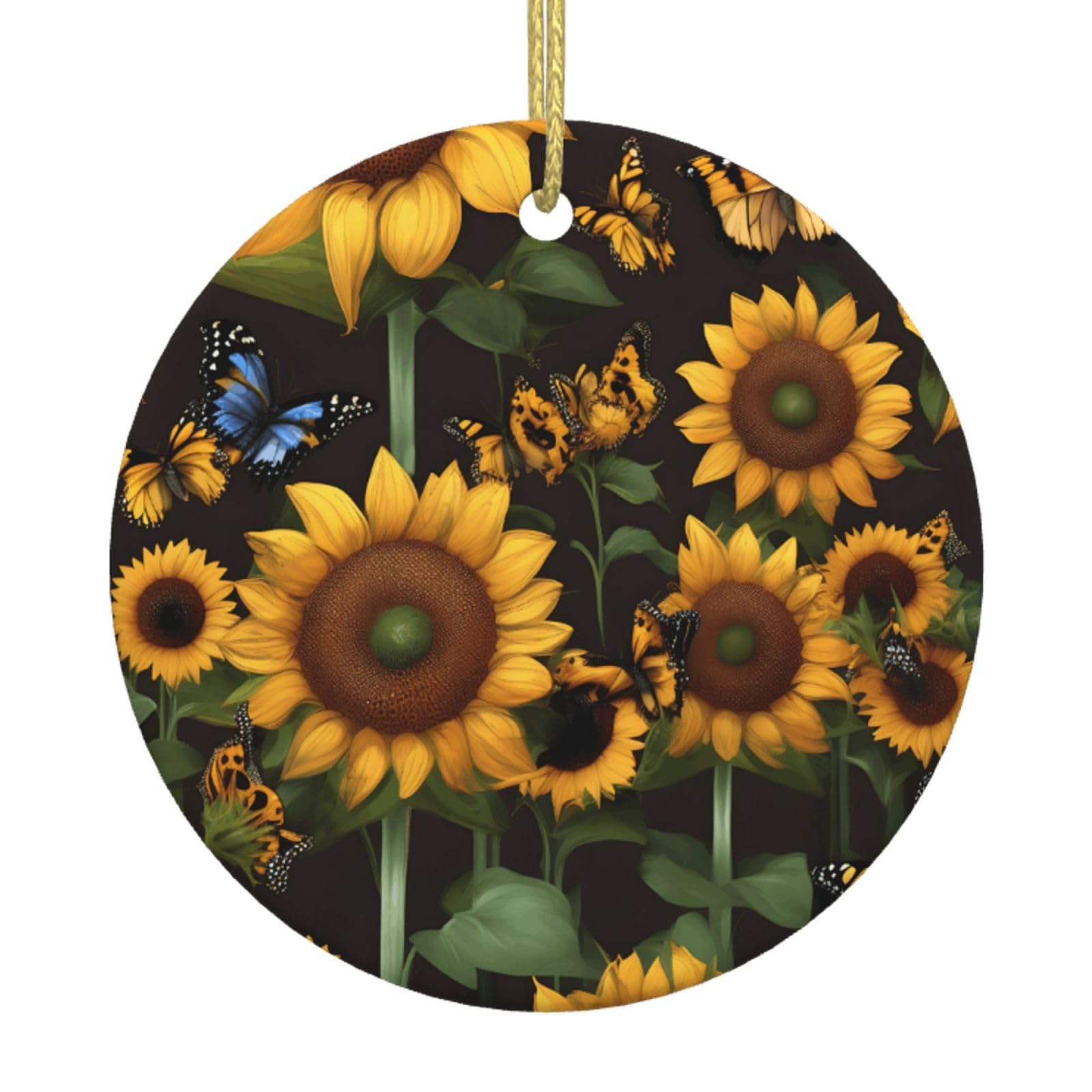 Sunflower Floral Butterflies Art Print Christmas Ornaments, Ceramic Hanging Ornament, Round Shape Decorations