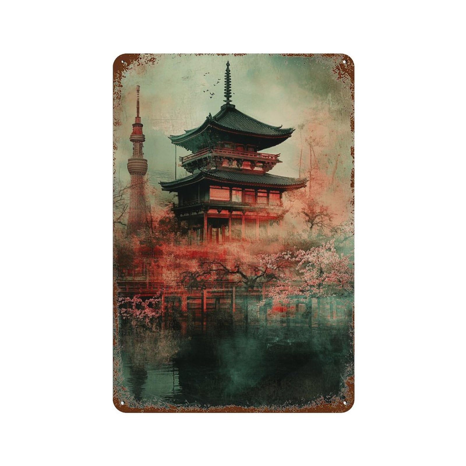 Japanese Pagoda Reflections Decorative Tin Sign 11.8"x7.9", for Bistro, Counter And Cafe Decor, Novelty Wall Decor