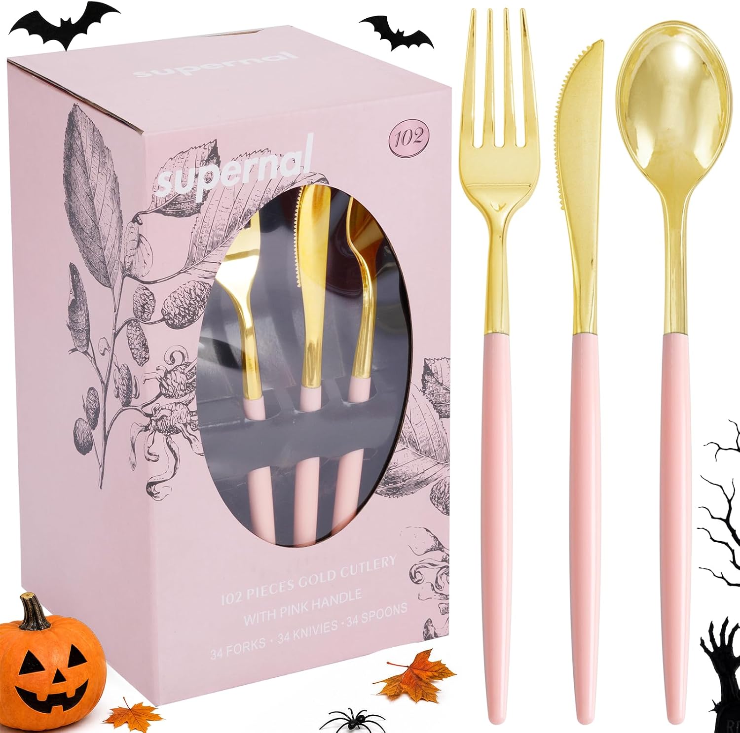 Supernal 102Pcs Gold Disposable Utensils with Pink Handle for Wedding Party