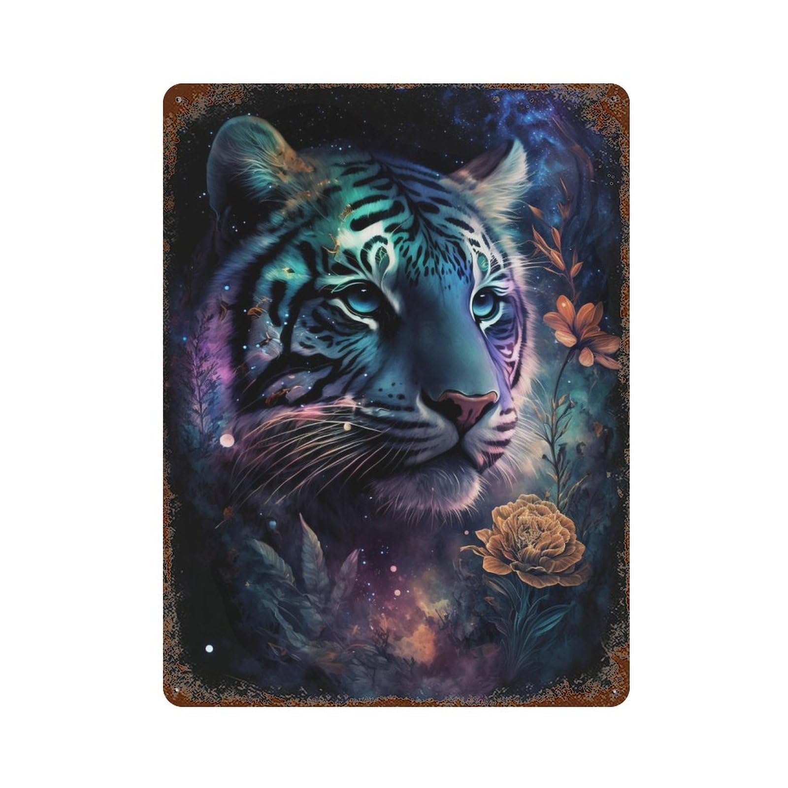 Galactic Tiger Fantasy Artwork Rust Effect Tin Sign 15.7"x11.8", Retro Wall Decor for Pub, Kitchen And Man Cave Decor