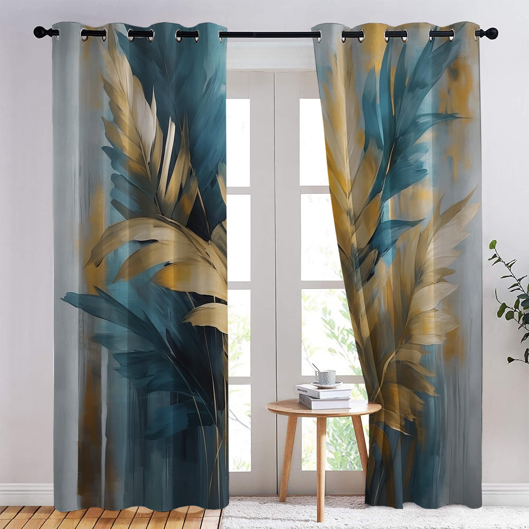 Rideau Occultant Feuille, Or Gris Bleu Motif Rideaux Thermiques à Oeillets, Rideaux Imprimé pour Salon Chambre Fenetre Moderne Décoration, 140x240 cm (L x H), Lot de 2
