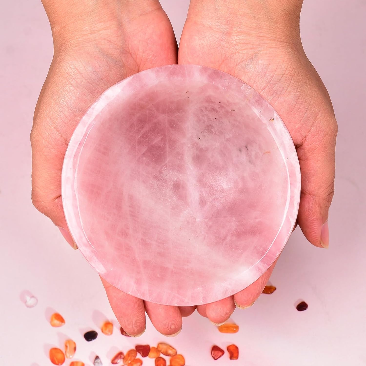 Large Rose Quartz Crystal Bowl Hand-Carved Round Pink Crystals Gemstone Bowl Reiki Healing Home Decoration Gift 4-4.5"