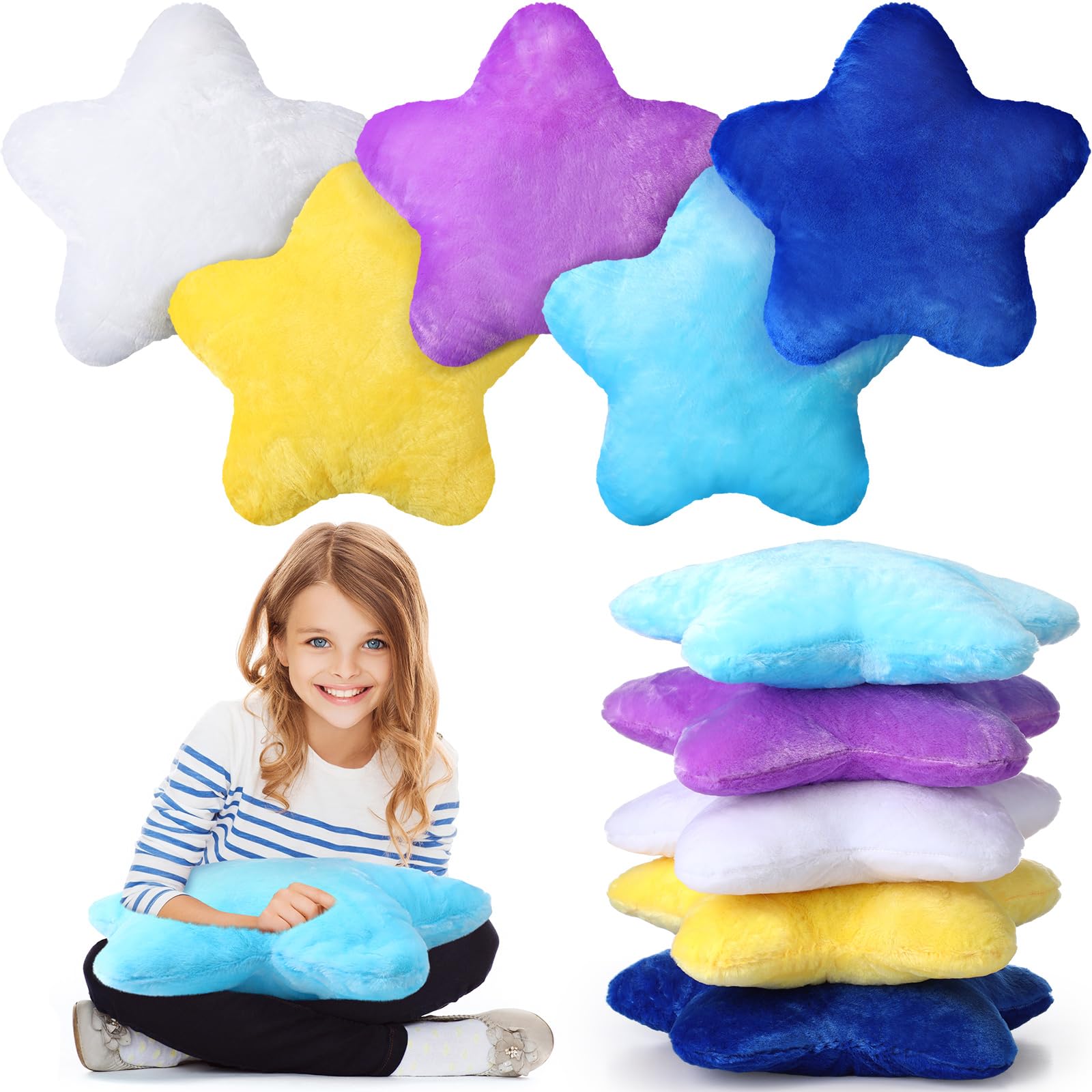 Soaoo 5 Pcs Star Fluffy Pillow Shaped Star Throw Pillow Kids Aesthetic Decor Soft Preppy Cute Cushion for Sofa Living Room Bedroom 15.75 Inches(Mix Color)