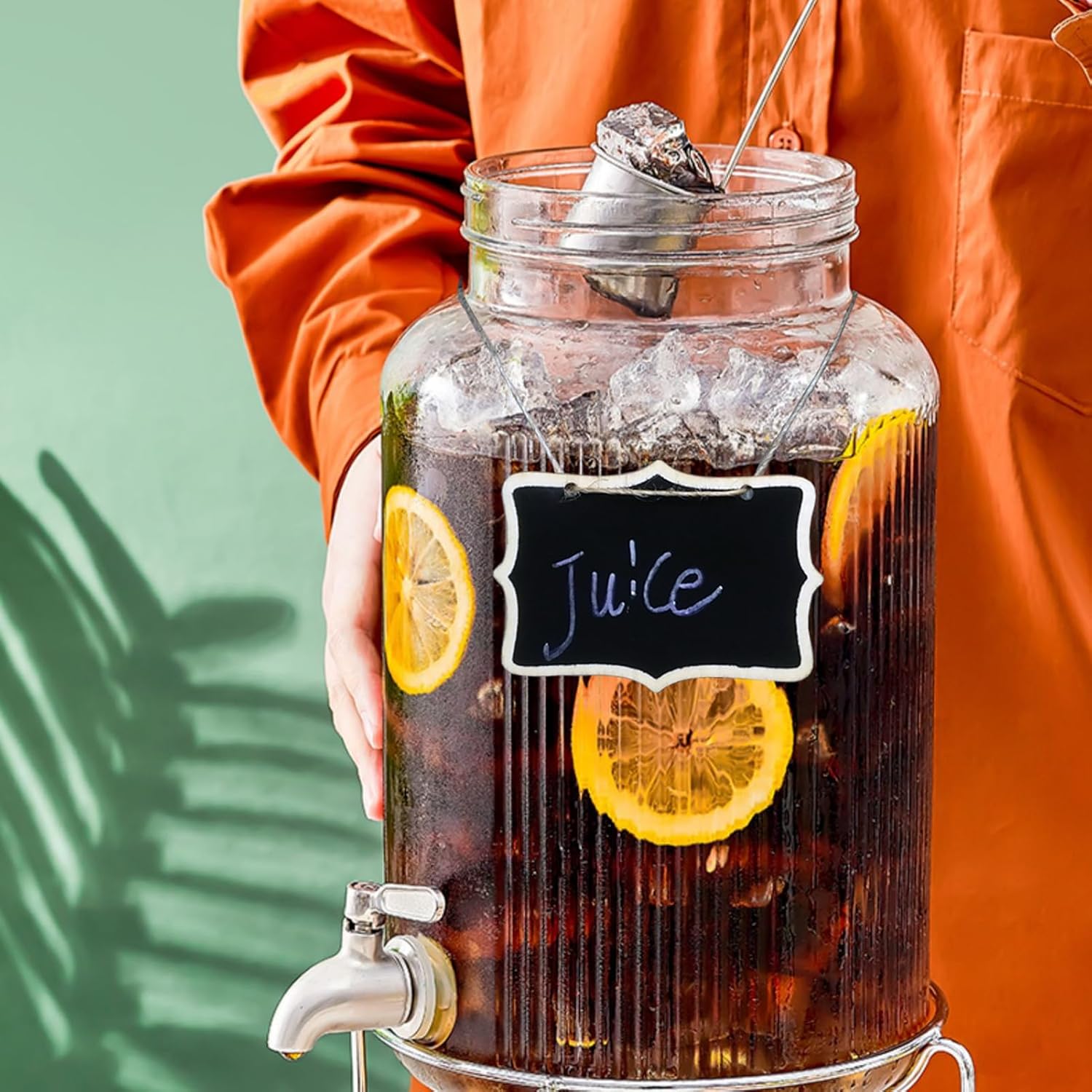 1.5 Gallon Glass Drink Dispenser with Spigot, Large Glass Juice Beverage Water Jar for Party and Summer Fridge, With Temperature Sticker for Kombucha Continuou Brewing,Clear