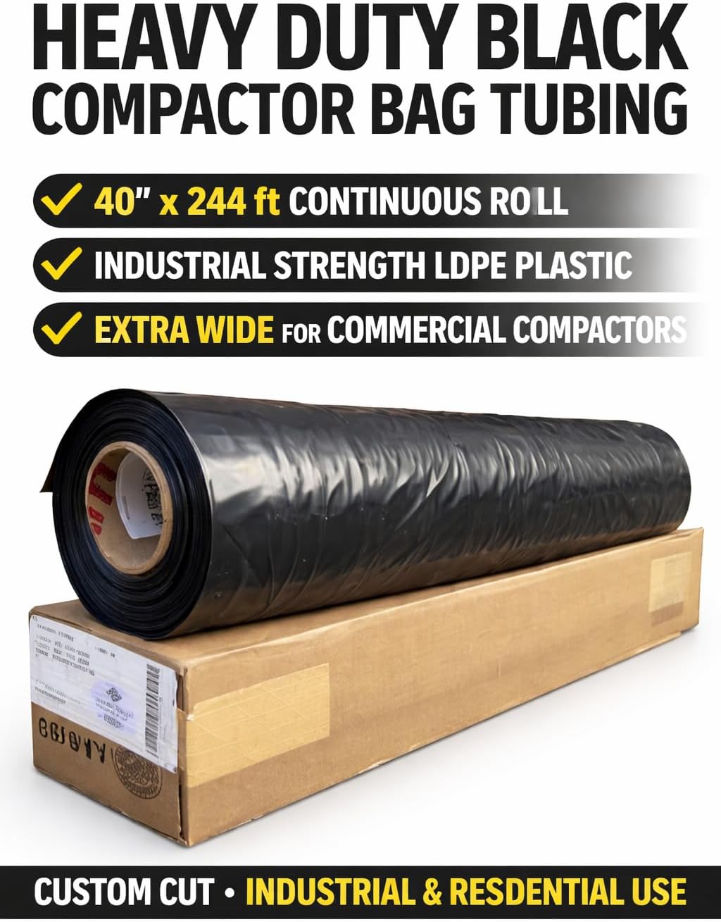 Heavy Duty Black Compactor Bag Tubing 40" x 244 ft Continuous Roll, Puncture Resistant, Industrial grade LDPE Plastic | Extra-Wide, Custom Length Trash Bags for Commercial Compactors