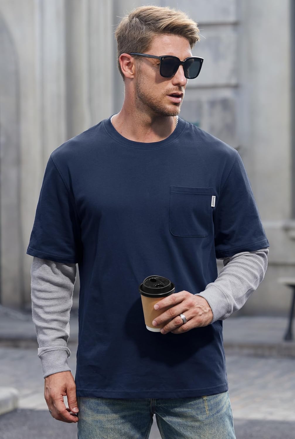 Mens Layered Shirt Waffle Longsleeve Cotton Faux 2-Piece Casual Pullover with Pocket (S-XXL) - Image 4