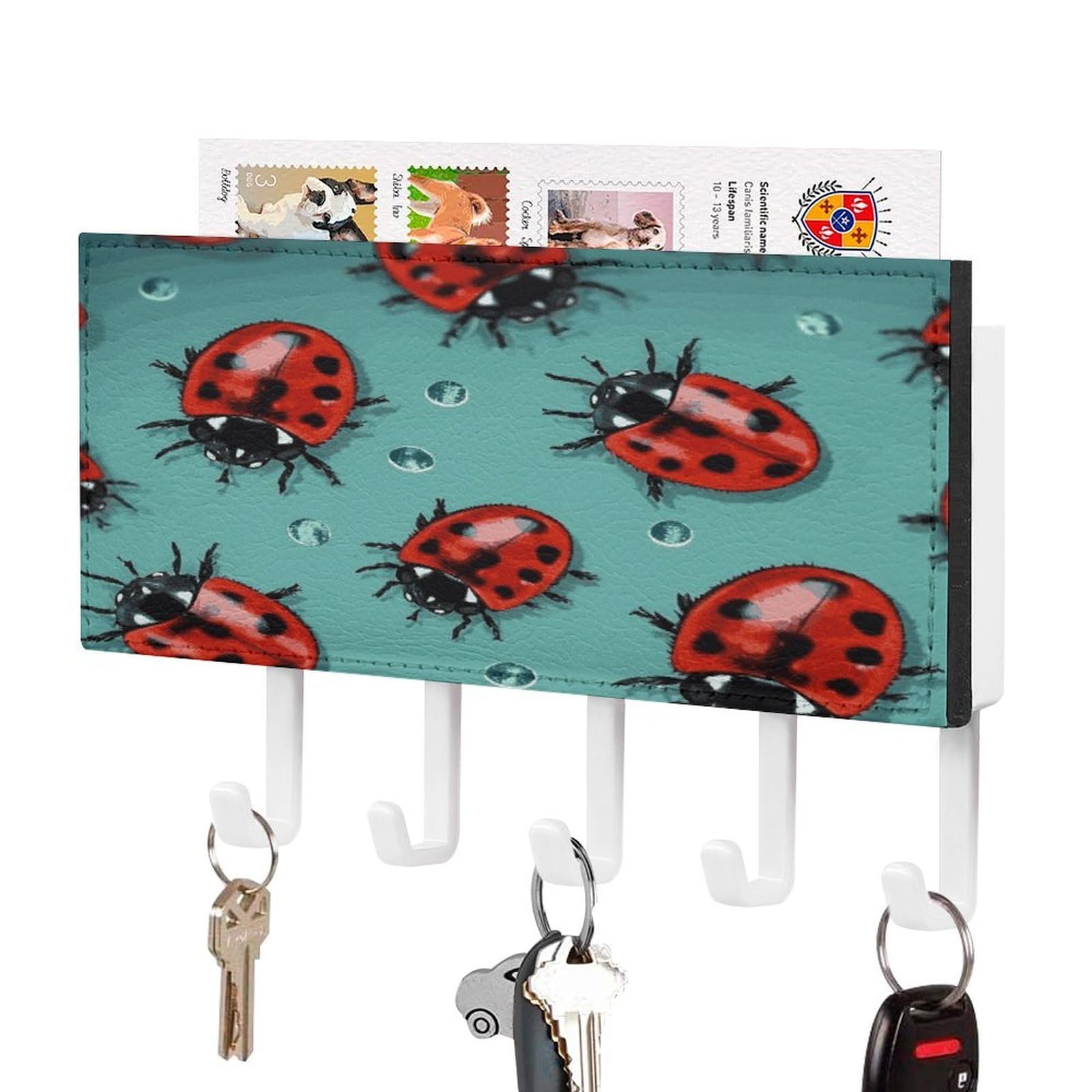 FekiLoot Red Ladybugs On A Blue Background Key Holder for Wall Decorative Mail Organizer with 5 Key Hook Self Adhesive Key Rack with Tray Coat Rack Wall Mount Key Hanger Decor for Entryway Door