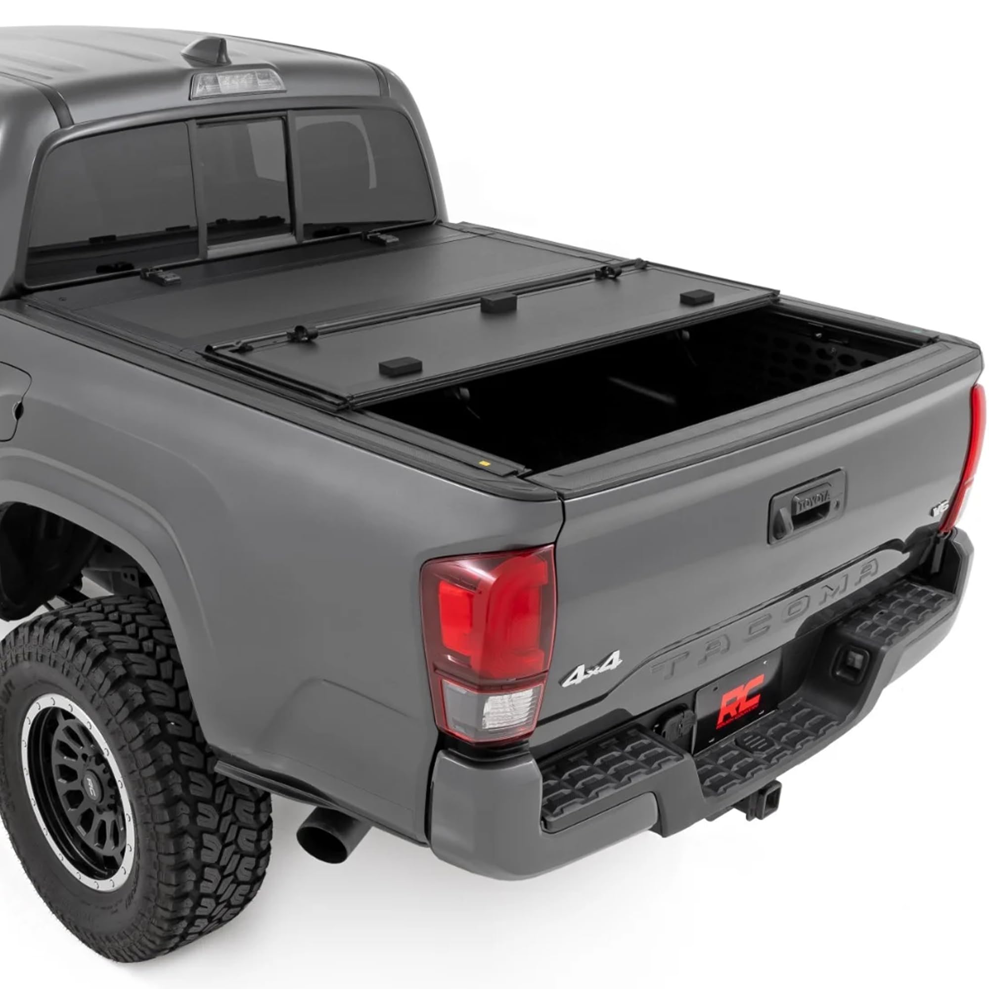 Photo 1 of Rough Country Hard Flip-Up Tonneau Cover for Toyota Tacoma (2016-2023) - Fits 6' Bed, Tri-Fold Aluminum Truck Bed Cover, Weatherproof w/Full Bed Access