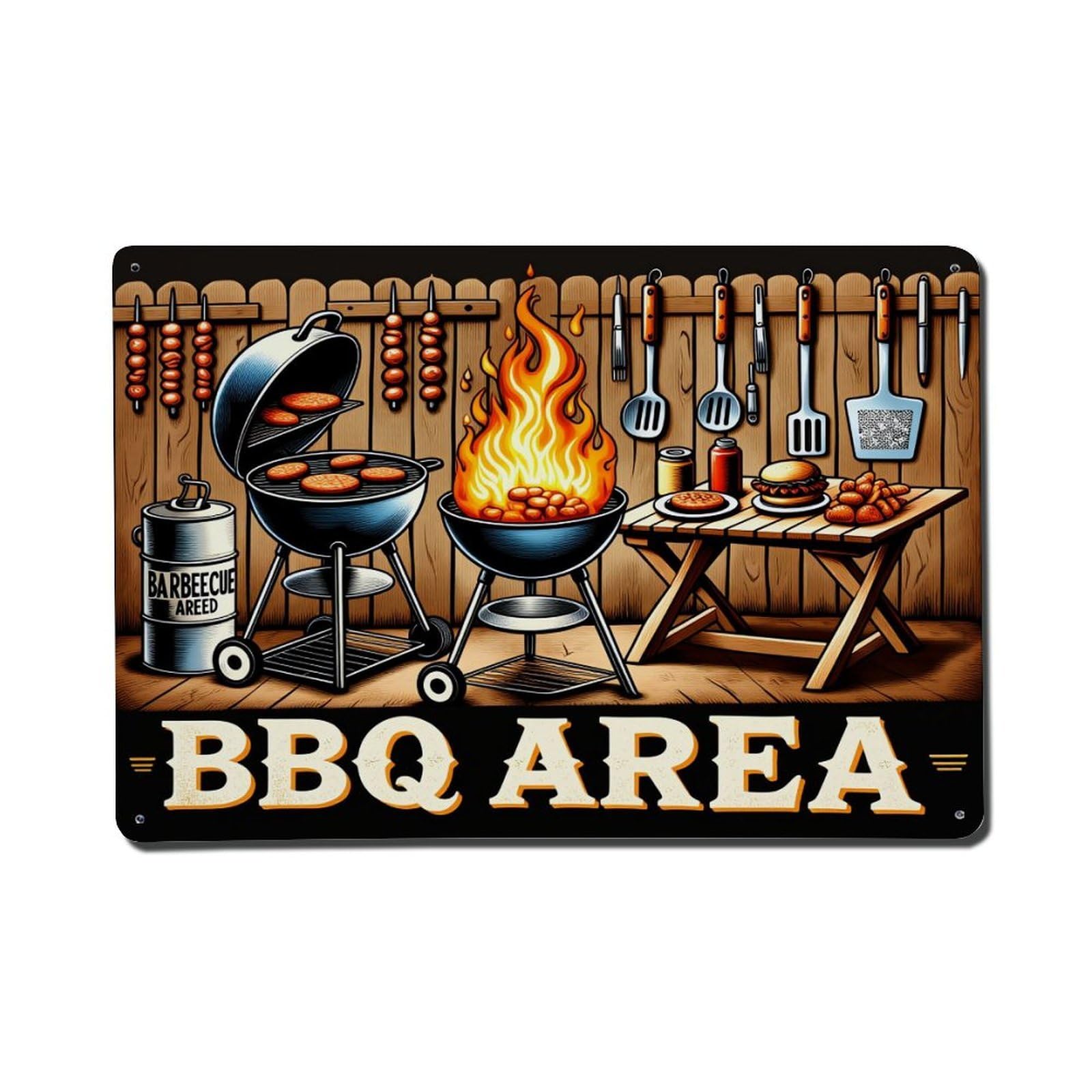 Enderetf Vintage Barbecue Grill Fire Meat Tools Table Food Signs Tin Sign Metal Poster, Home Bar Garage Man Cave Cafe Indoor & Outdoor Wall Decoration 8X12inches