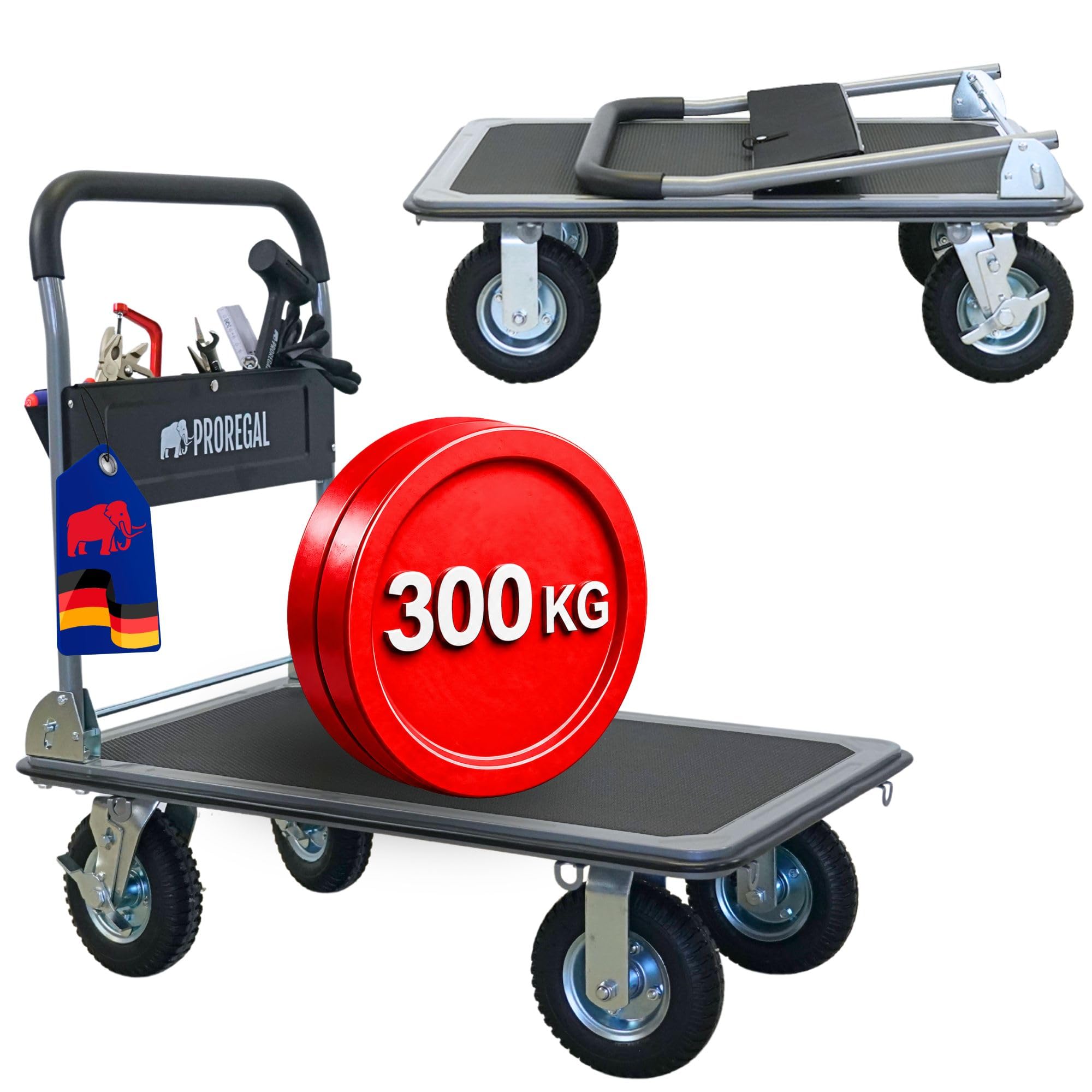 PROREGAL Chariot à Plateforme Professionnel BIG Rhino 300 kg Pliable avec pneus pneumatiques, roulettes pivotantes à 360° et roulettes Fixes avec Frein de stationnement