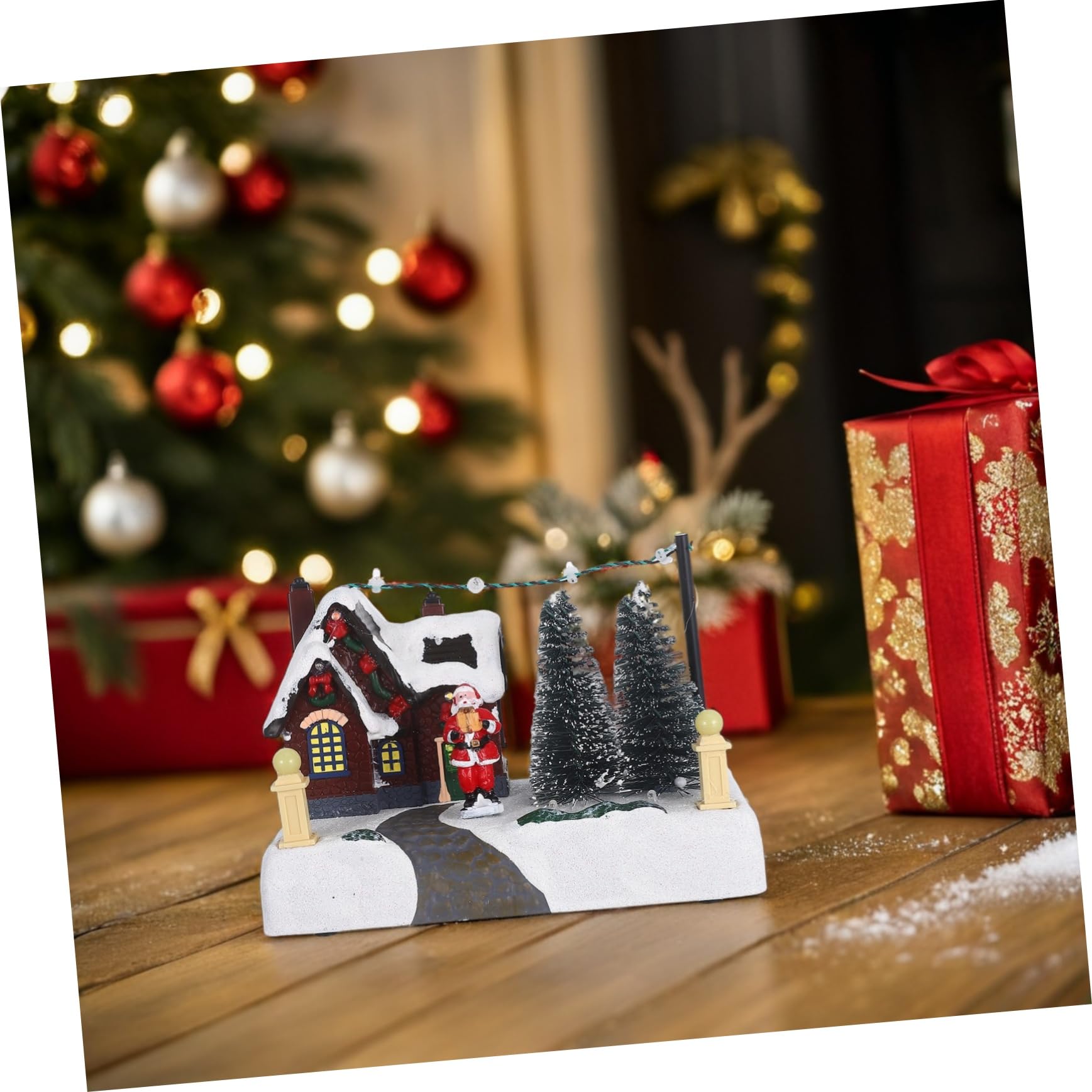 Adornos Luminosos Navideños Casa de Pueblo Caja Musical Decorativa de Resina Adorno Navideño de Escritorio para Decoración Festiva de Casa Iluminada