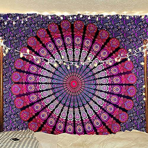 Indian hippie Bohemian Psychedelic Golden Blue Peacock Mandala Wall hanging Bedding Tapestry (Purple Pink, Queen (84x90Inches)(215x230Cms))