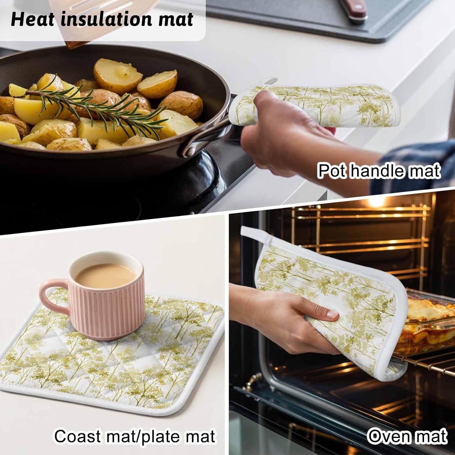 5 Pack Pot Holders for Kitchen, Watercolor Forest Green Hot Pads for Kitchen Countertops Oven Pot Holder Bulk, Abstract Art Modern Trees Heat Insulation Potholders with Hanging Loops