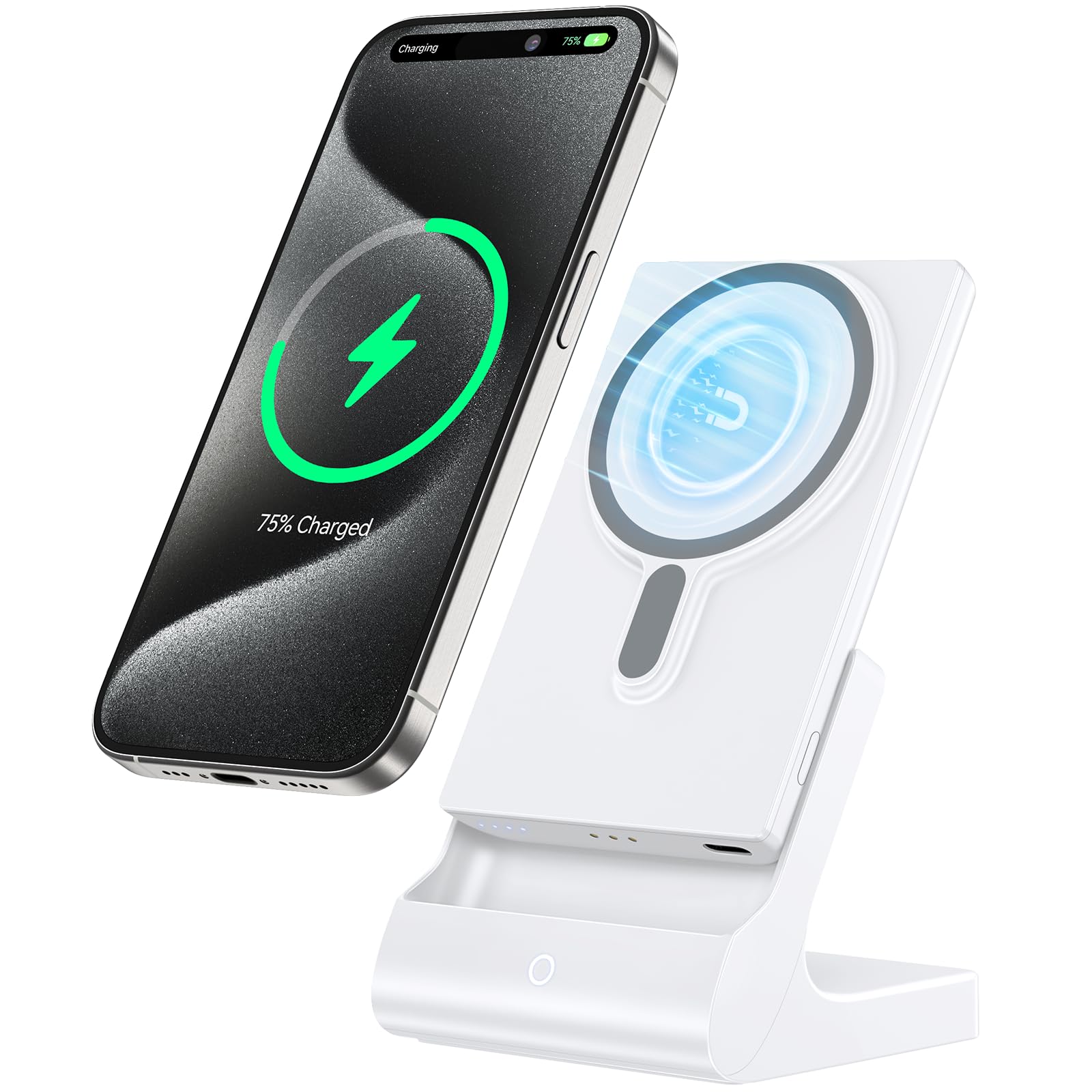 Magnetic Wireless Charger for iPhone: Portable Power Bank 5000mAh - Detachable Mag-Safe Battery Pack Compatible with iPhone 15 14 13 12 Pro Max Pro Plus Mini, with Fast Charging Stand & USB-C Cable